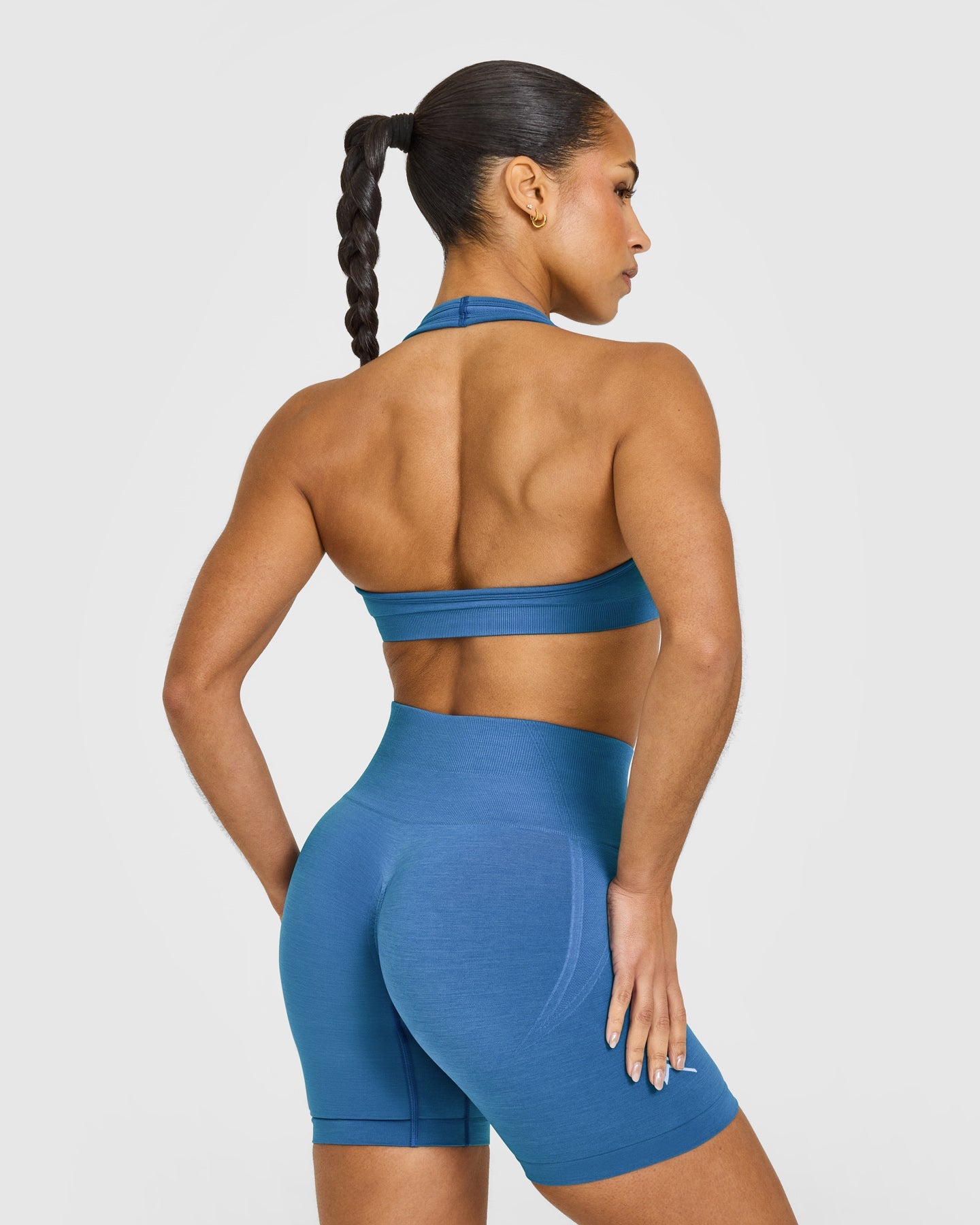 Alternative view of EffortlessLift Seamless Halter Neck Sports Bra with White Logo | Ocean Blue