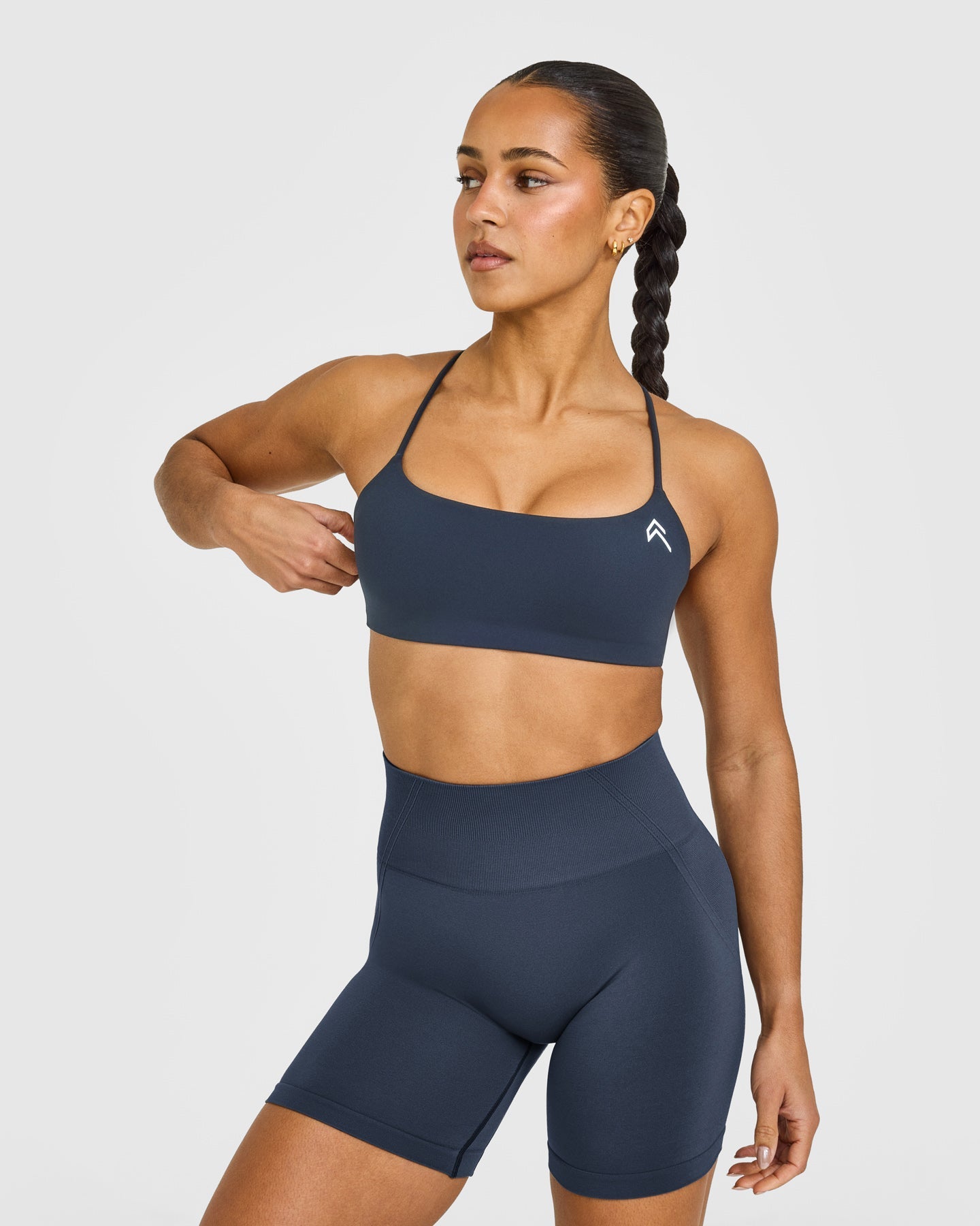 EasyLift Strappy Sports Bra with White Logo | True Blue