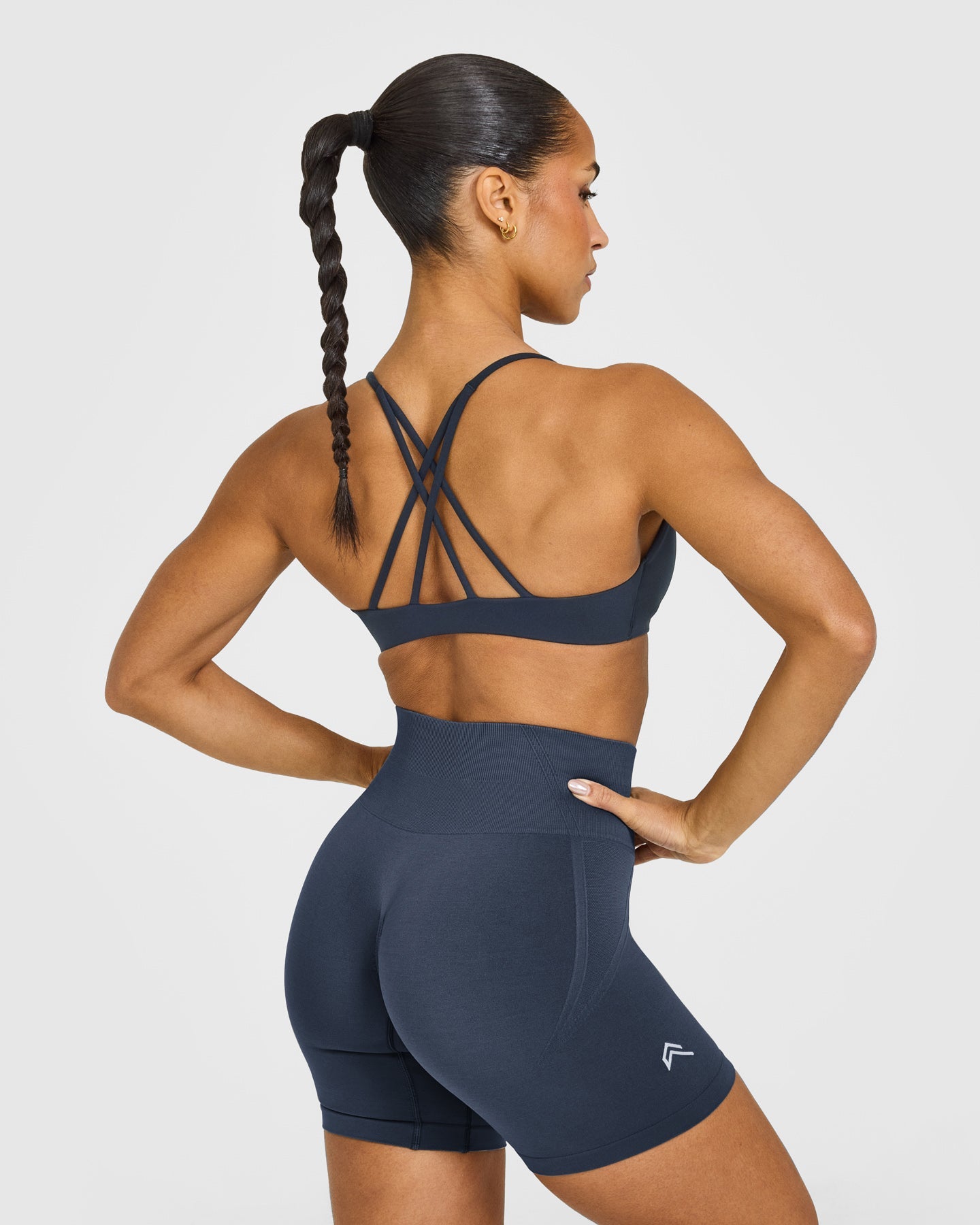 Alternative view of EasyLift Strappy Sports Bra with White Logo | True Blue