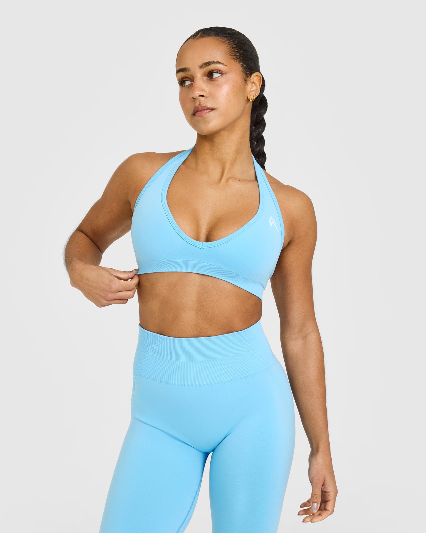 EffortlessLift Seamless Halter Neck Sports Bra with White Logo | Arctic Blue