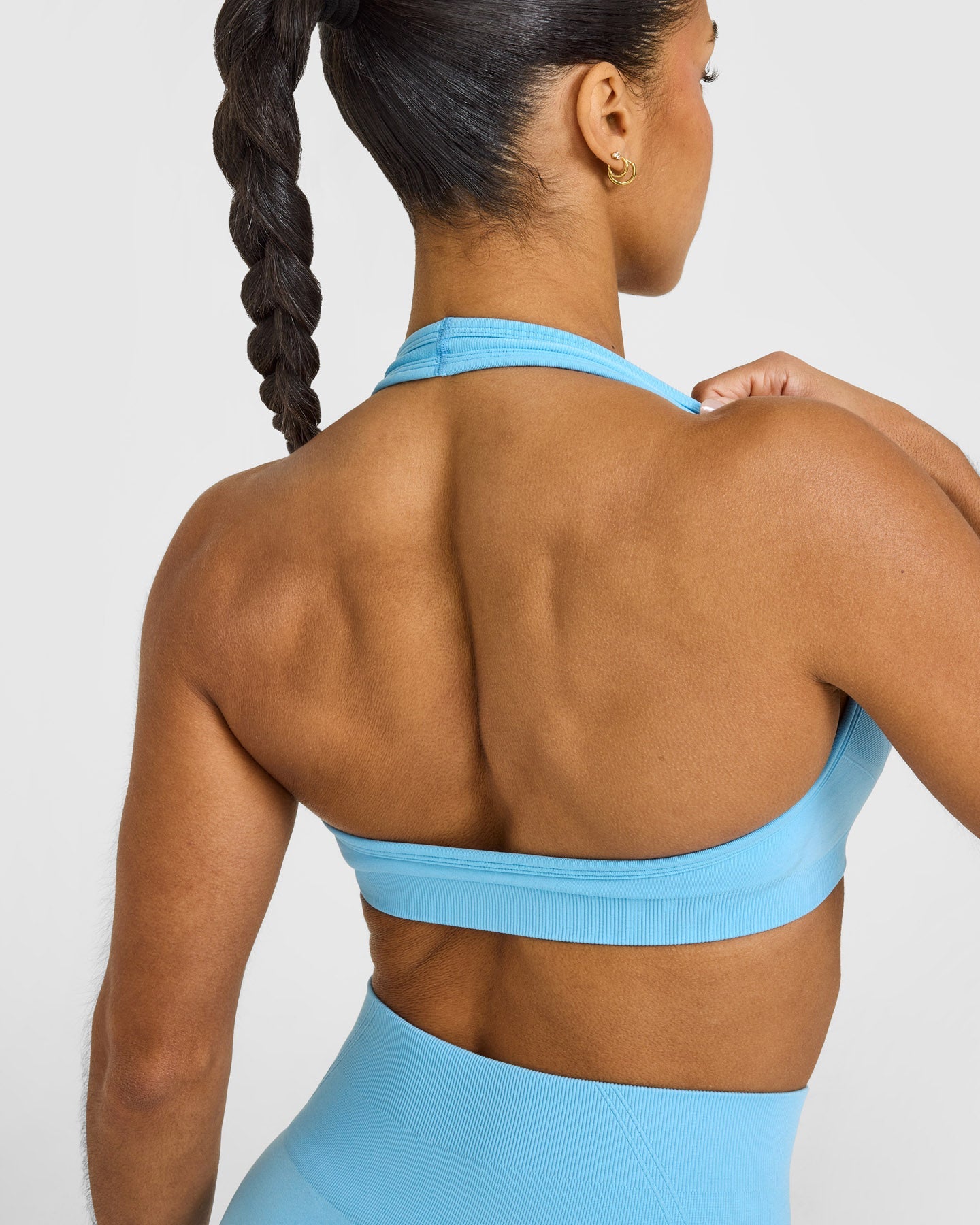 EffortlessLift Seamless Halter Neck Sports Bra with White Logo | Arctic Blue - Image 4