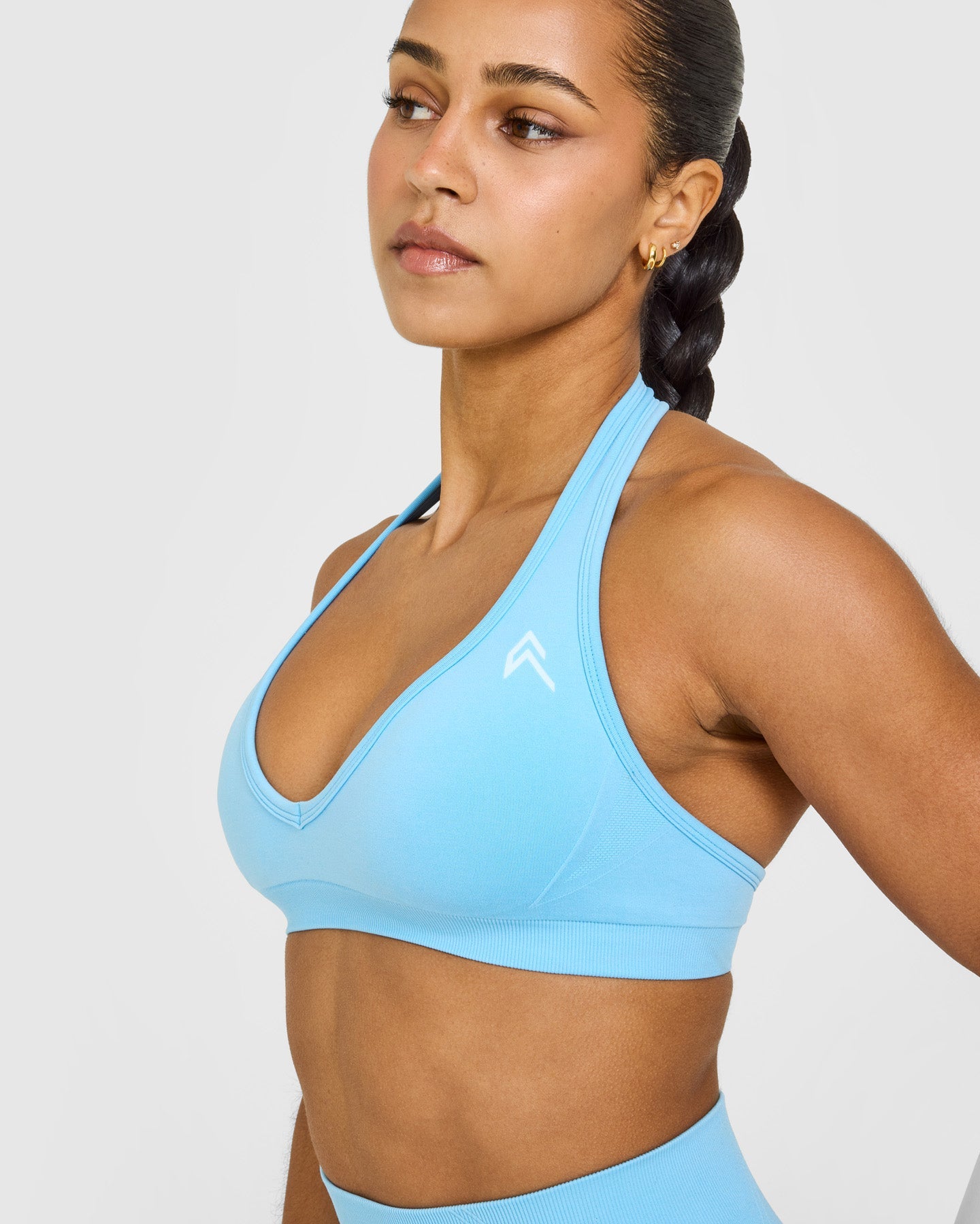 EffortlessLift Seamless Halter Neck Sports Bra with White Logo | Arctic Blue - Image 5