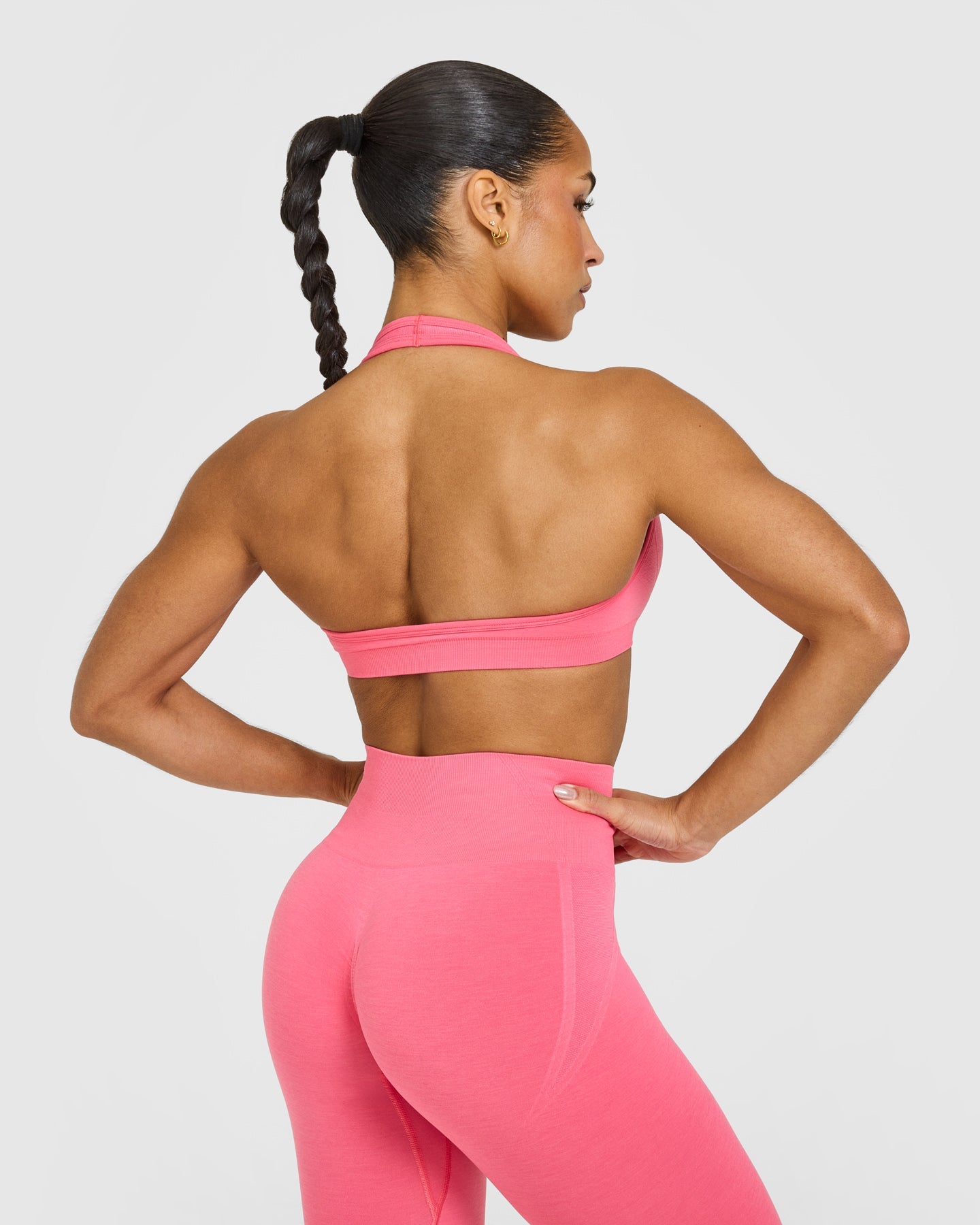 EffortlessLift Seamless Halter Neck Sports Bra with White Logo | Hot Girl Pink - Image 6