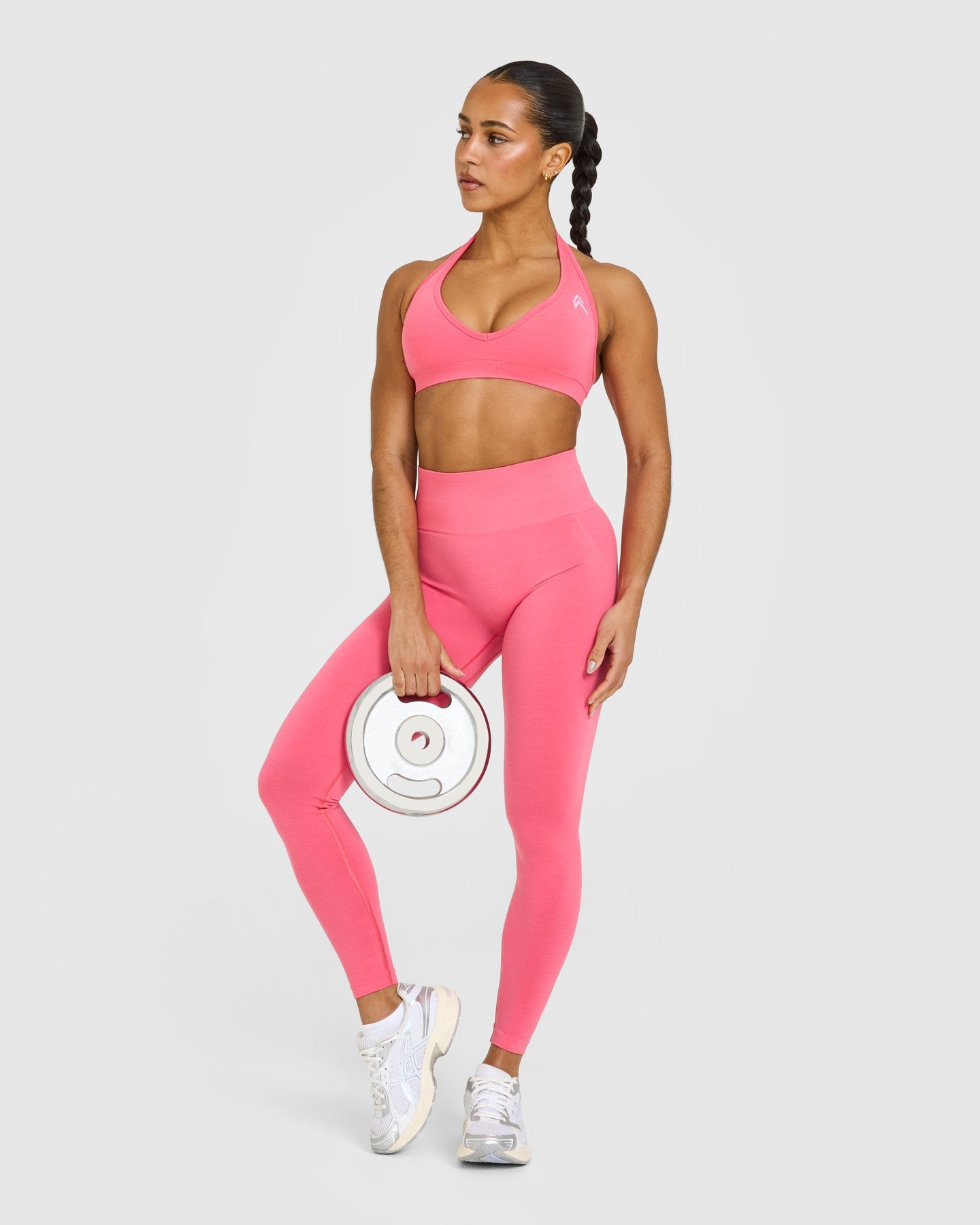 EffortlessLift Seamless Halter Neck Sports Bra with White Logo | Hot Girl Pink - Image 3