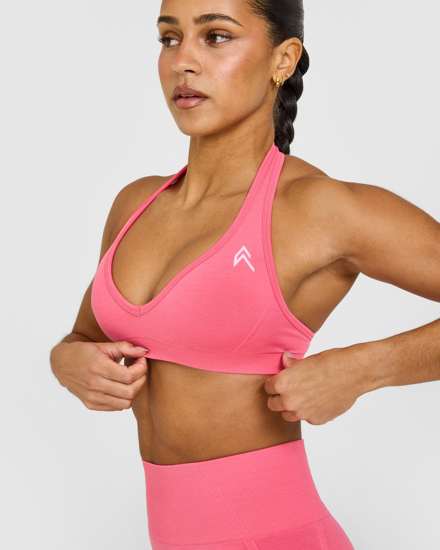 EffortlessLift Seamless Halter Neck Sports Bra with White Logo | Hot Girl Pink - Image 4