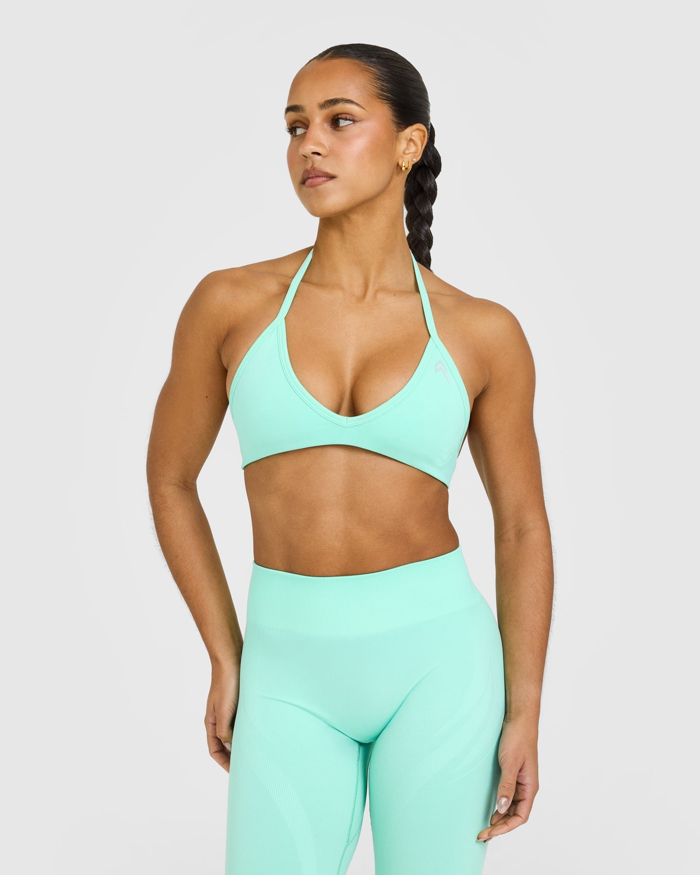EnhanceLift Seamless Minimal Halter Neck Bralette with White Logo | Peppermint Green