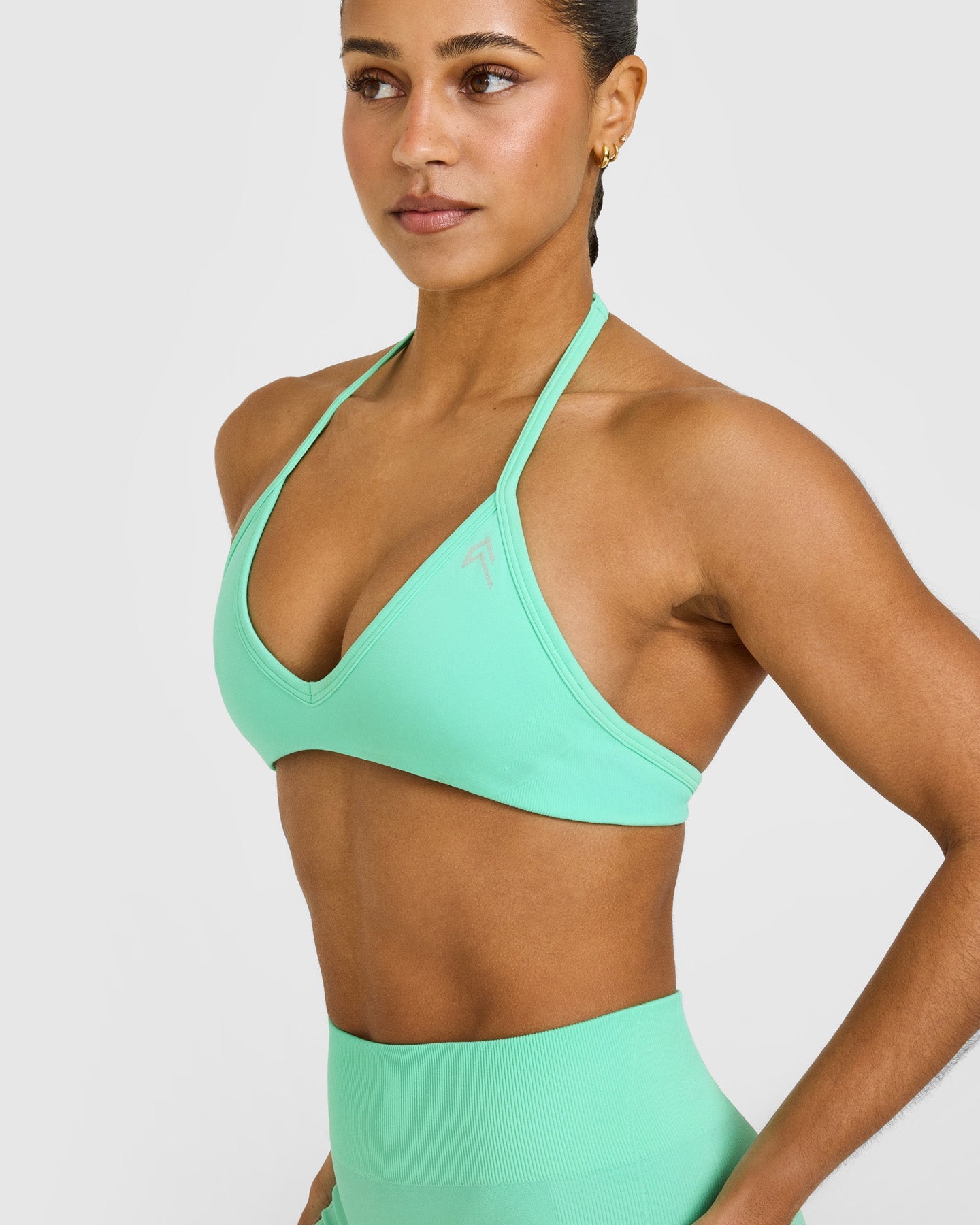 EnhanceLift Seamless Minimal Halter Neck Bralette with White Logo | Peppermint Green - Image 5