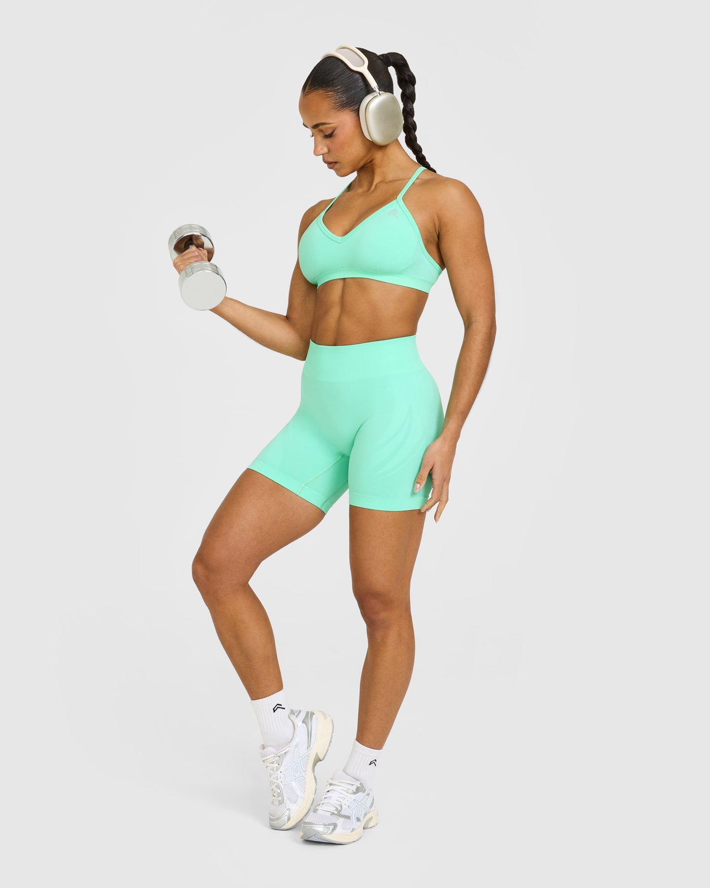 EnhanceLift Seamless Strappy Sports Bra with White Logo | Peppermint Green - Image 3