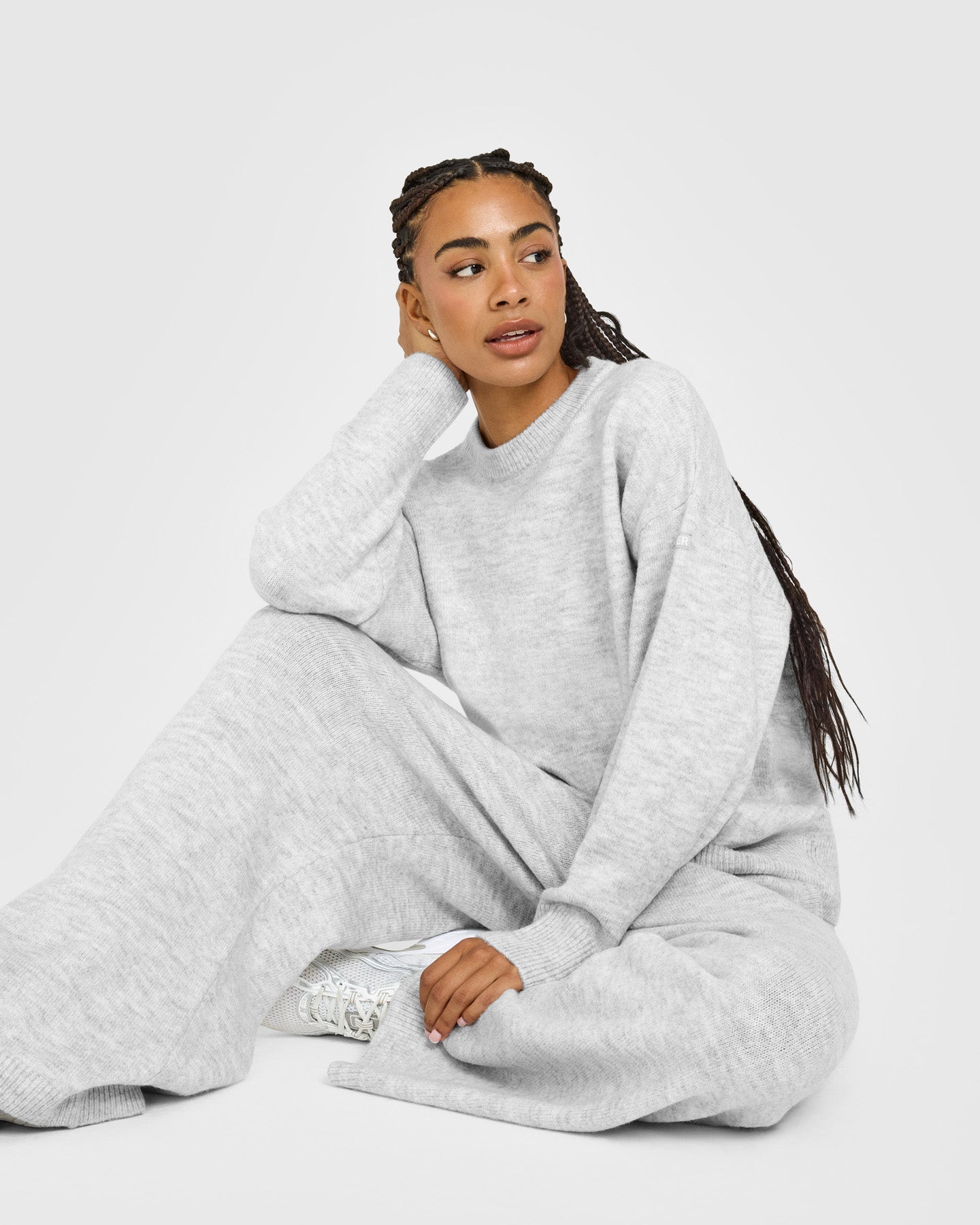 Oversized Knit Crew Neck Sweatshirt | Light Grey Marl - Image 3