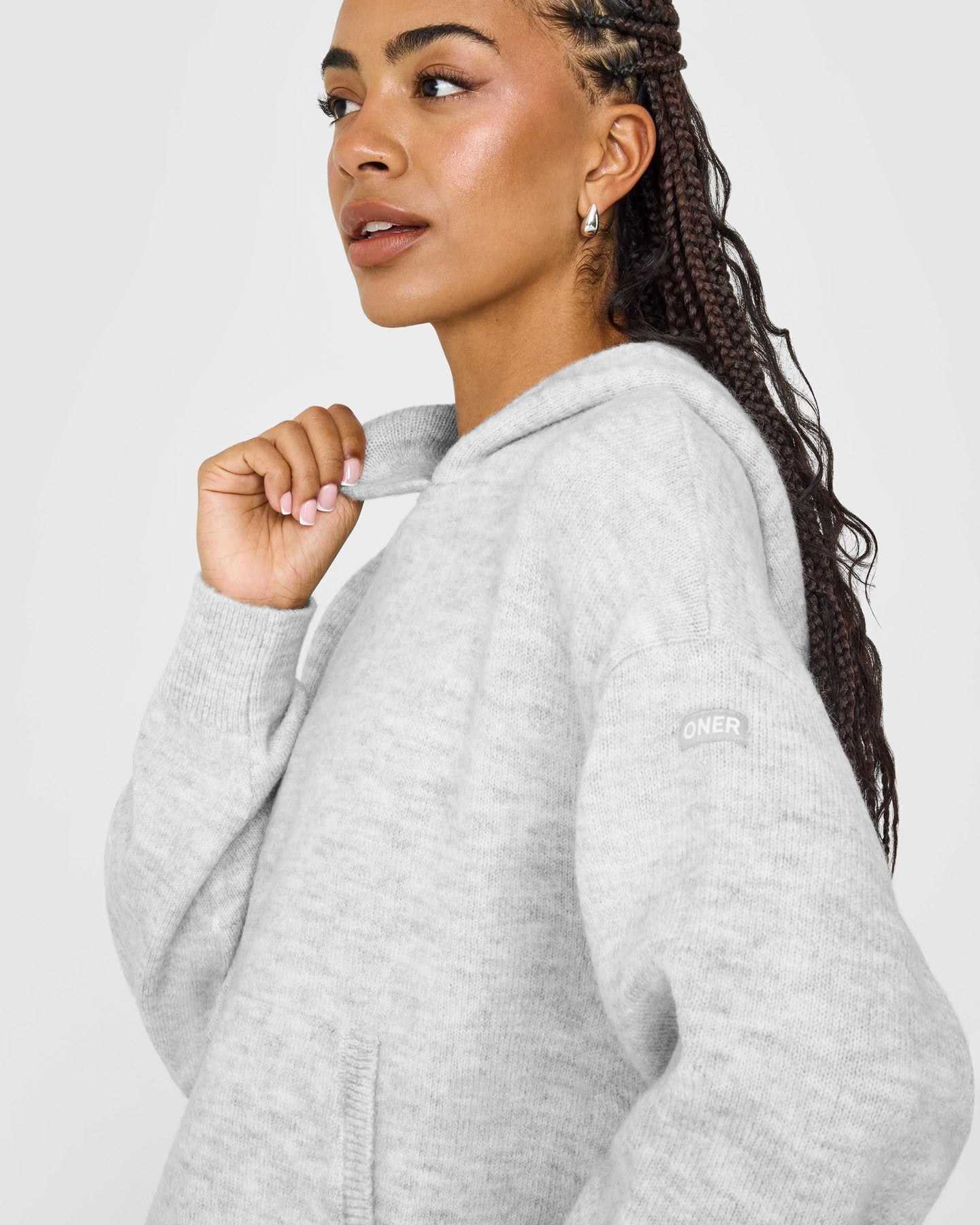 Alternative view of Oversized Knit Hoodie | Light Grey Marl