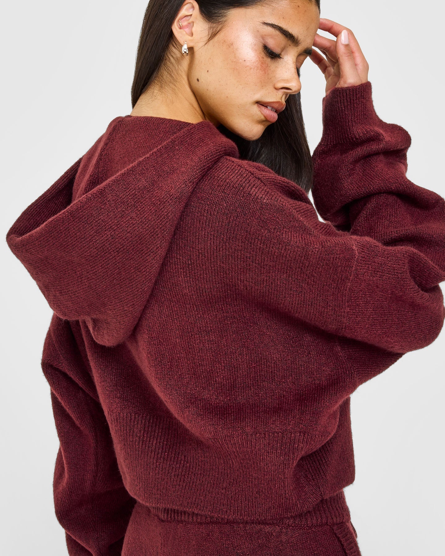 Oversized Knit Zip Through Mid Hoodie | Rosewood - Image 4