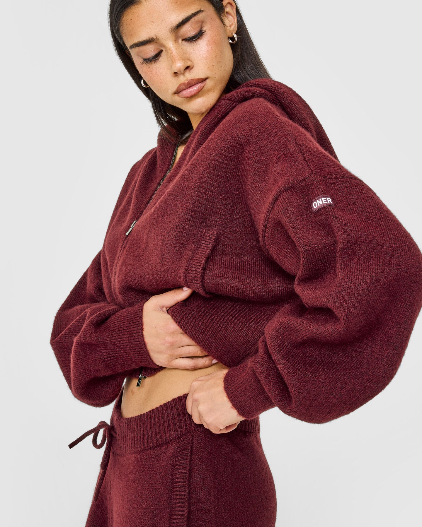 Oversized Knit Zip Through Mid Hoodie | Rosewood - Image 5