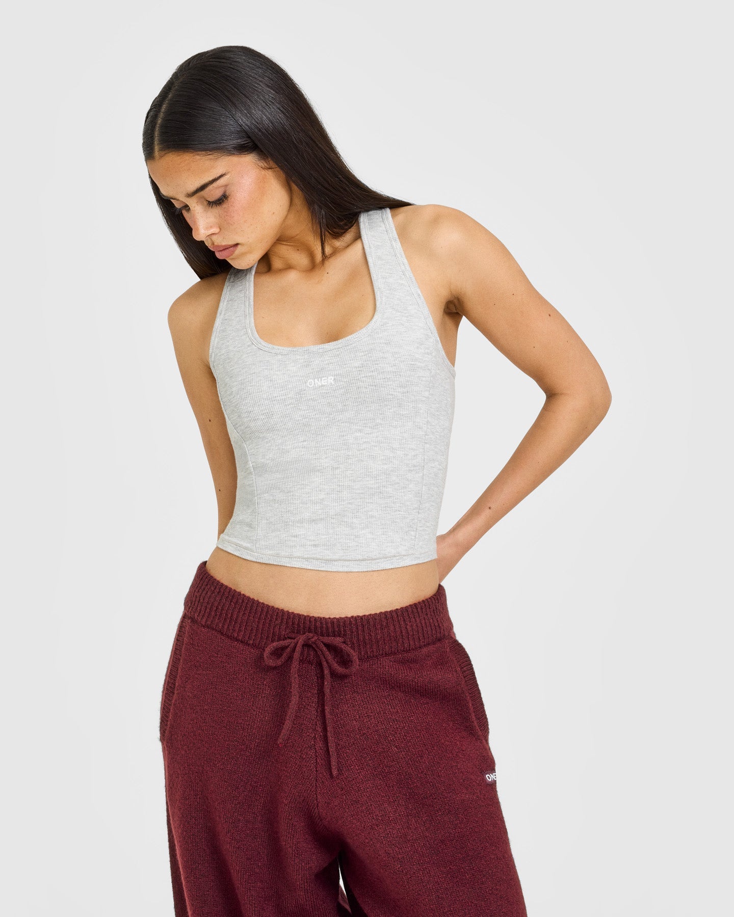 Mellow Rib Oner Embroidered Square Neck Mid Vest with Built in Bra Shelf | Light Grey Marl