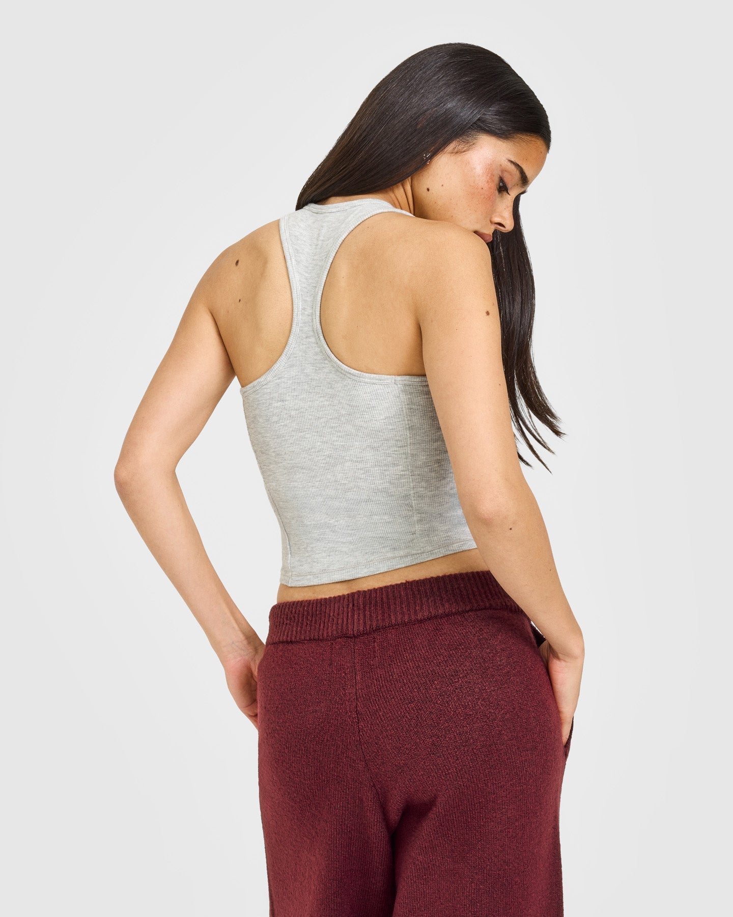 Mellow Rib Oner Embroidered Square Neck Mid Vest with Built in Bra Shelf | Light Grey Marl - Image 4