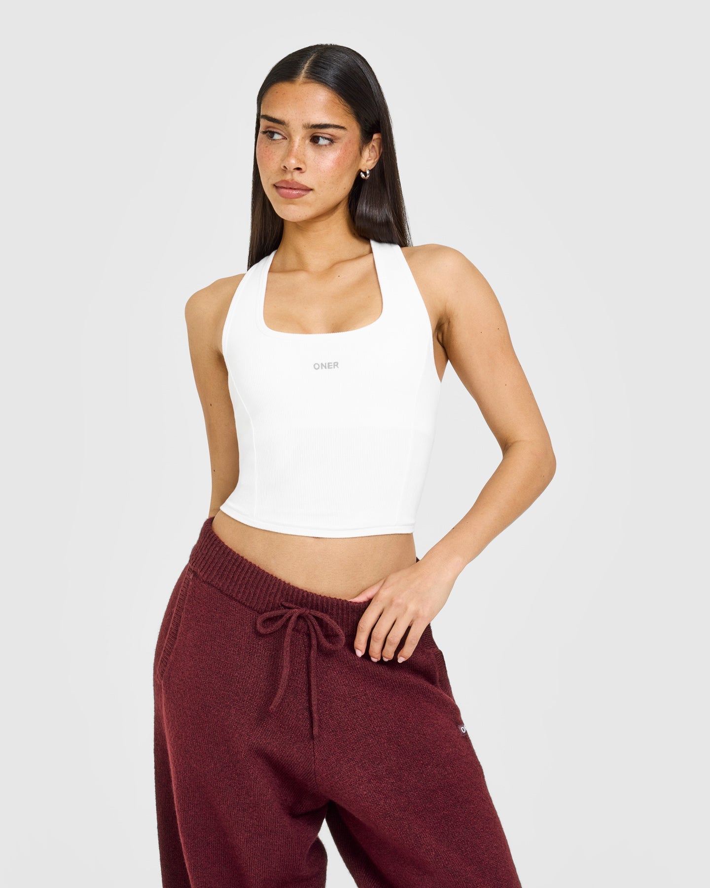 Mellow Rib Oner Embroidered Square Neck Mid Vest with Built in Bra Shelf | White
