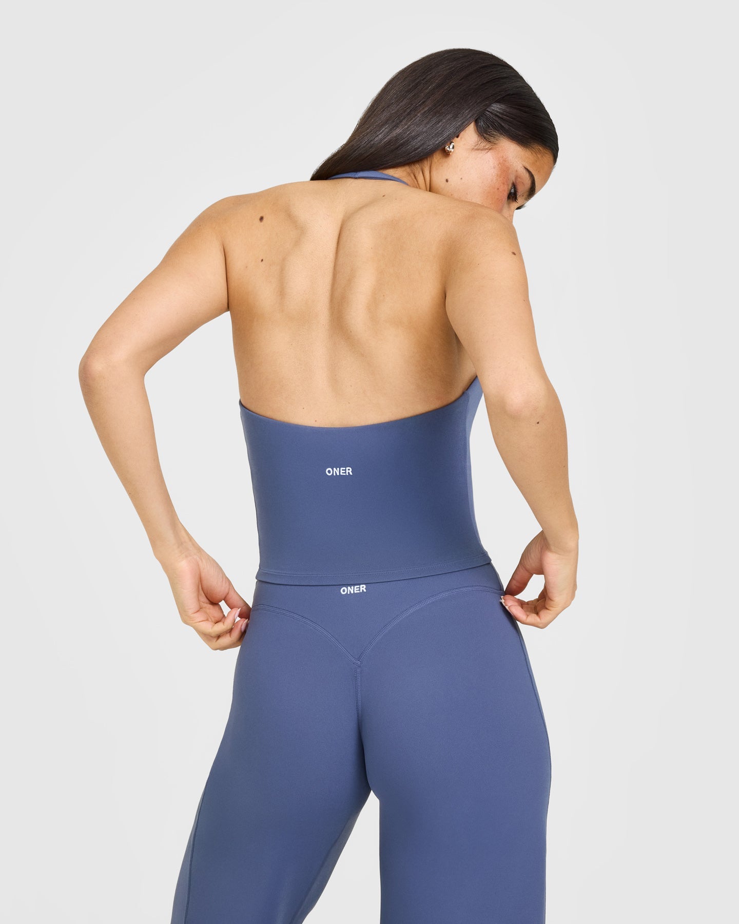 Alternative view of SoftMotion Halter Neck Mid Vest with Built in Bra Shelf with White Logo | Slate Blue
