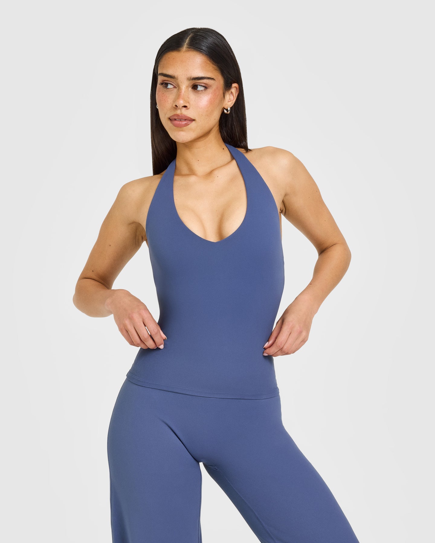 SoftMotion Halter Neck Vest with Built in Bra Shelf with White Logo | Slate Blue
