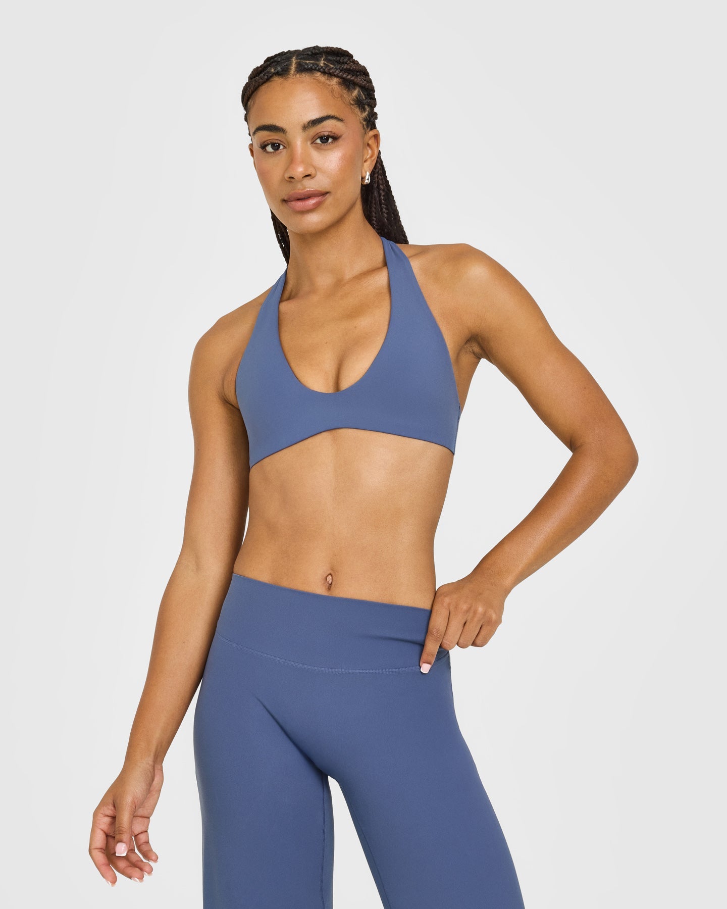 SoftMotion Minimal Halter Neck Bralette with White Logo | Slate Blue