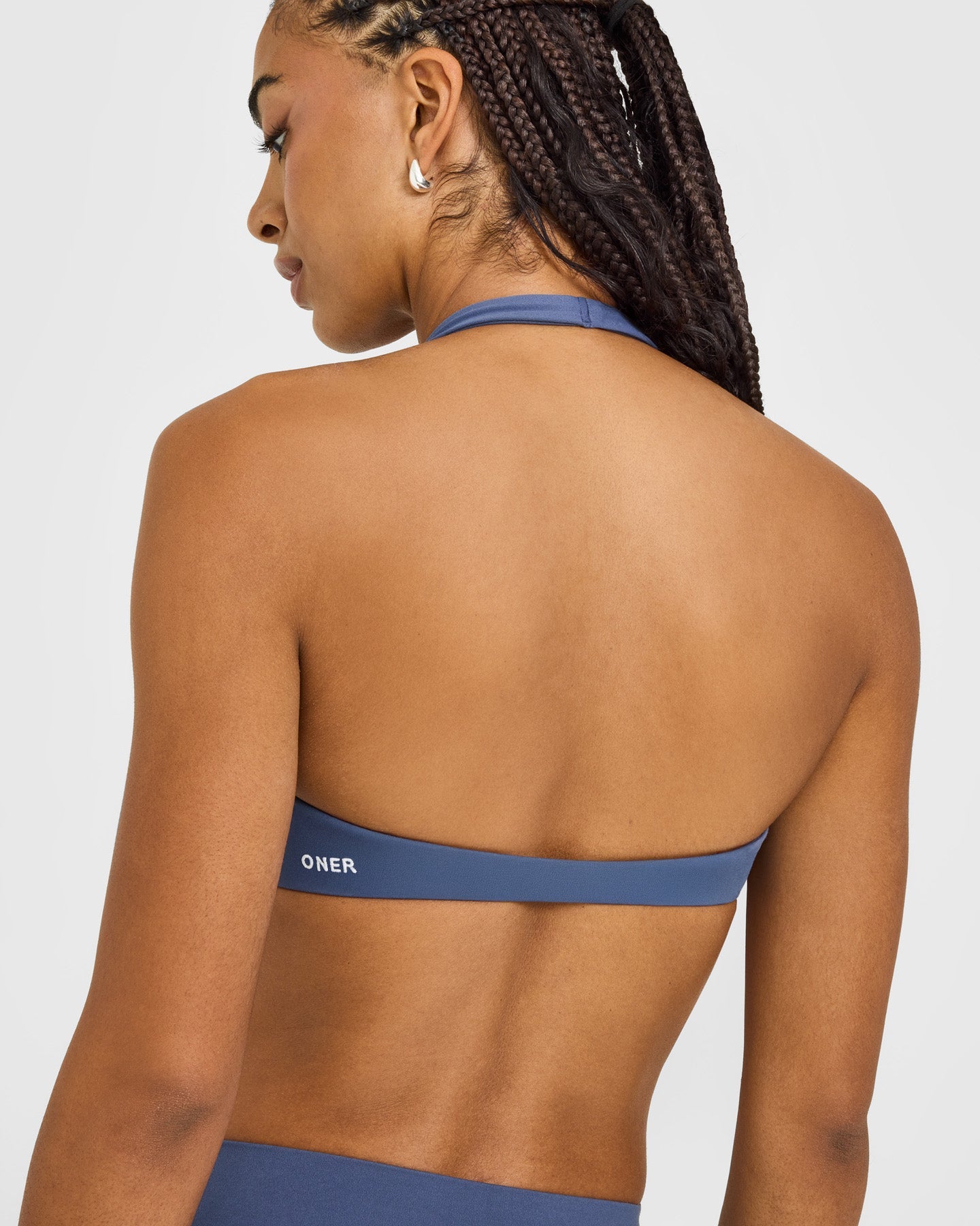 SoftMotion Minimal Halter Neck Bralette with White Logo | Slate Blue - Image 4