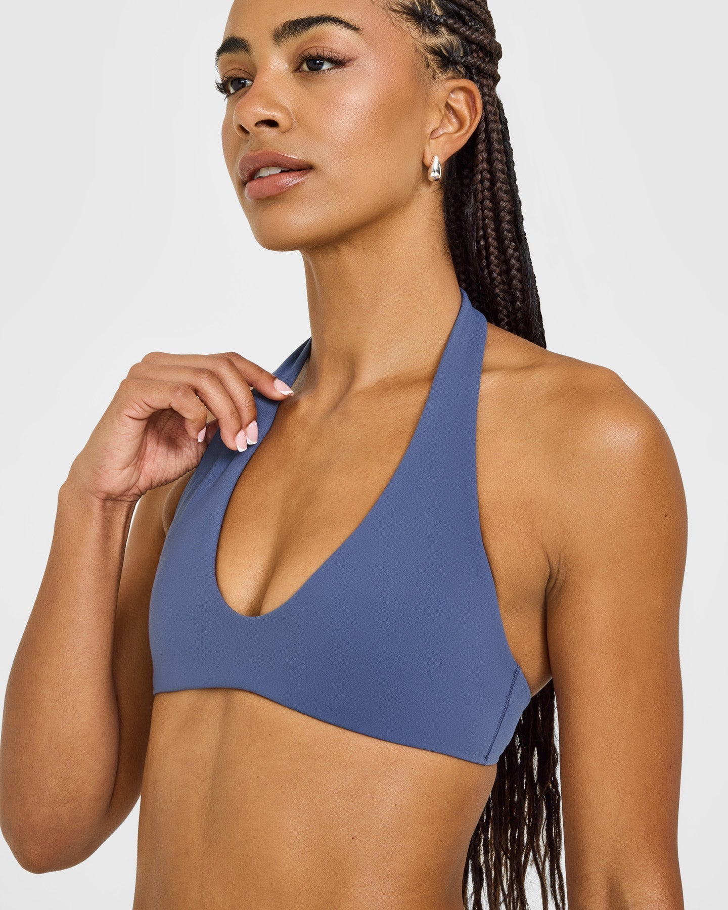 SoftMotion Minimal Halter Neck Bralette with White Logo | Slate Blue - Image 5