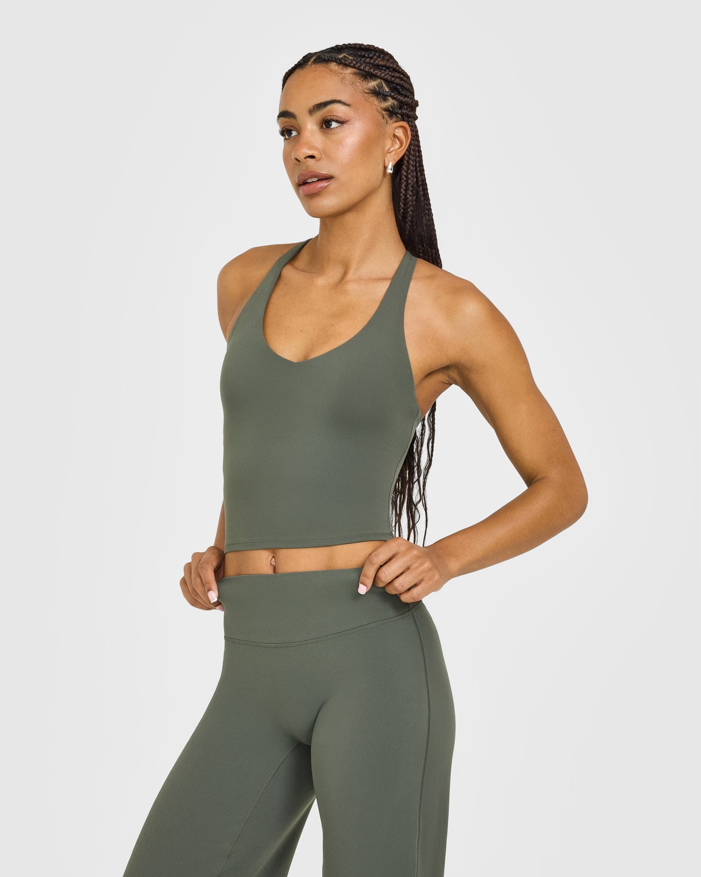 SoftMotion Racer Back Mid Vest with Built in Bra Shelf with White Logo | Dark Khaki