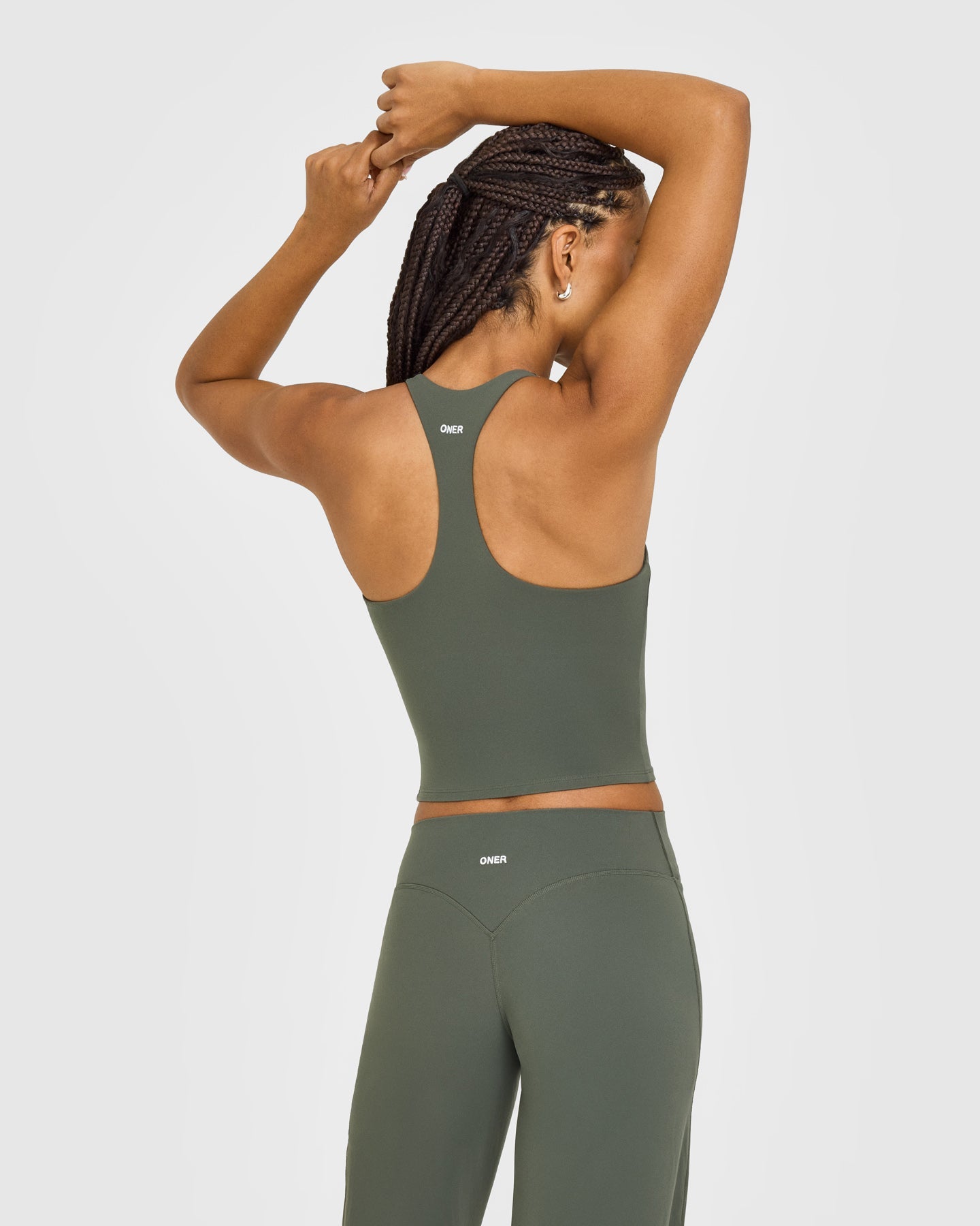 Alternative view of SoftMotion Racer Back Mid Vest with Built in Bra Shelf with White Logo | Dark Khaki