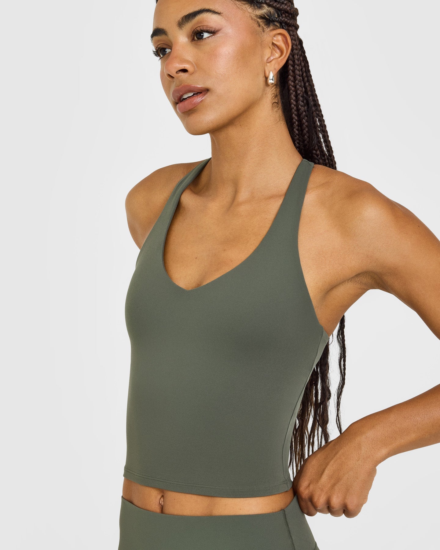 SoftMotion Racer Back Mid Vest with Built in Bra Shelf with White Logo | Dark Khaki - Image 5