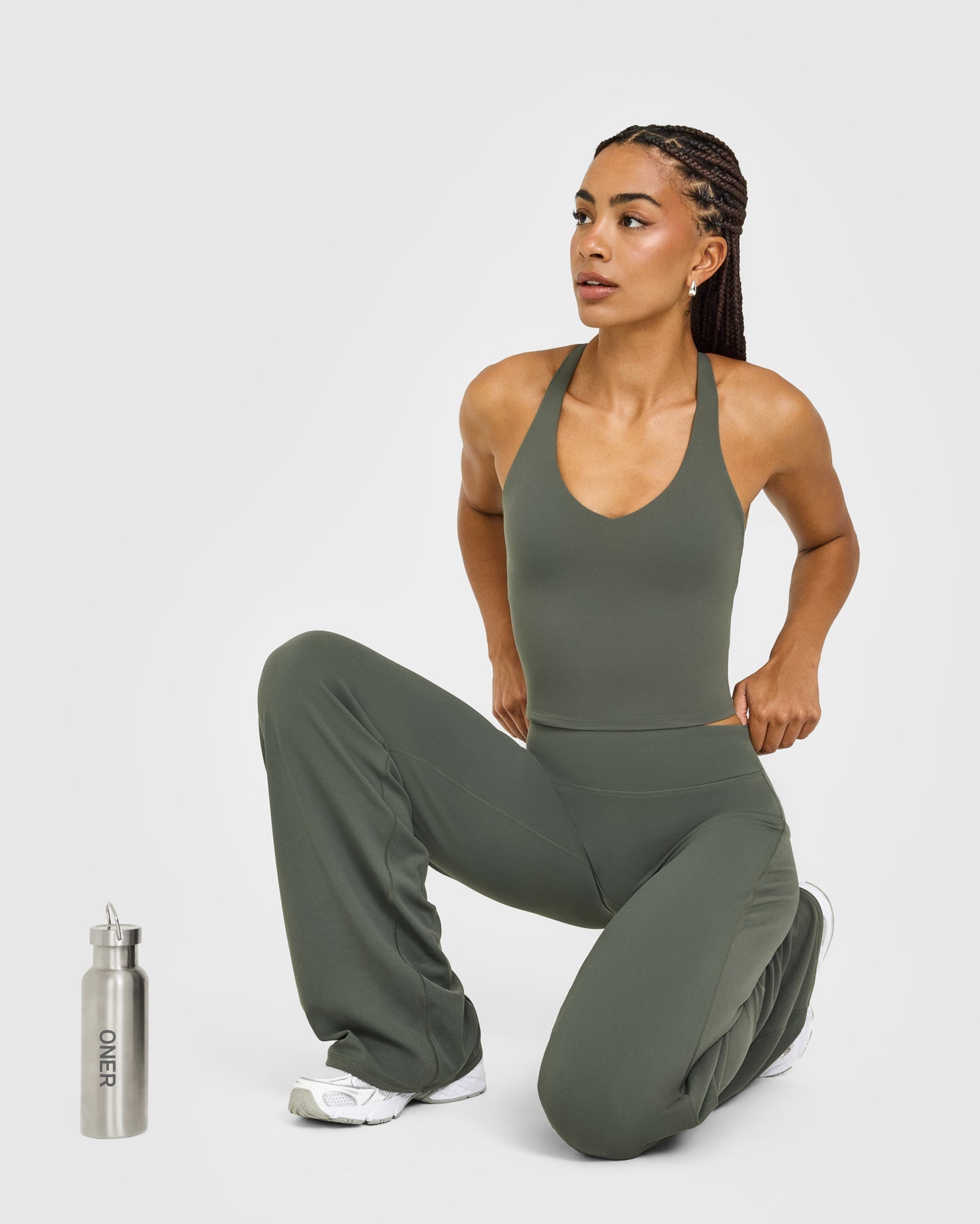 SoftMotion Racer Back Mid Vest with Built in Bra Shelf with White Logo | Dark Khaki - Image 6