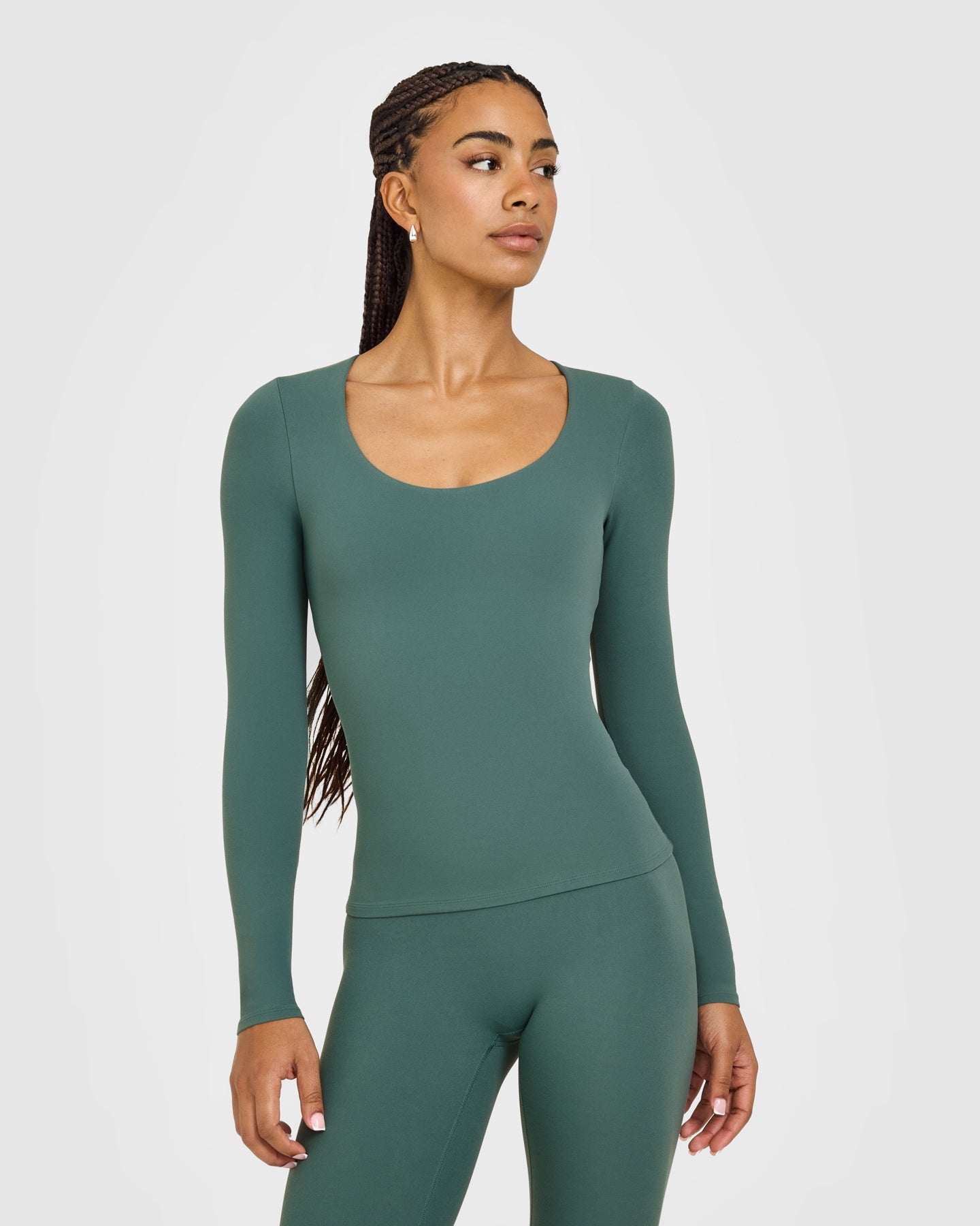 SoftMotion Scoop Neck Long Sleeve Top with Built in Bra Shelf with White Logo | Iced Green