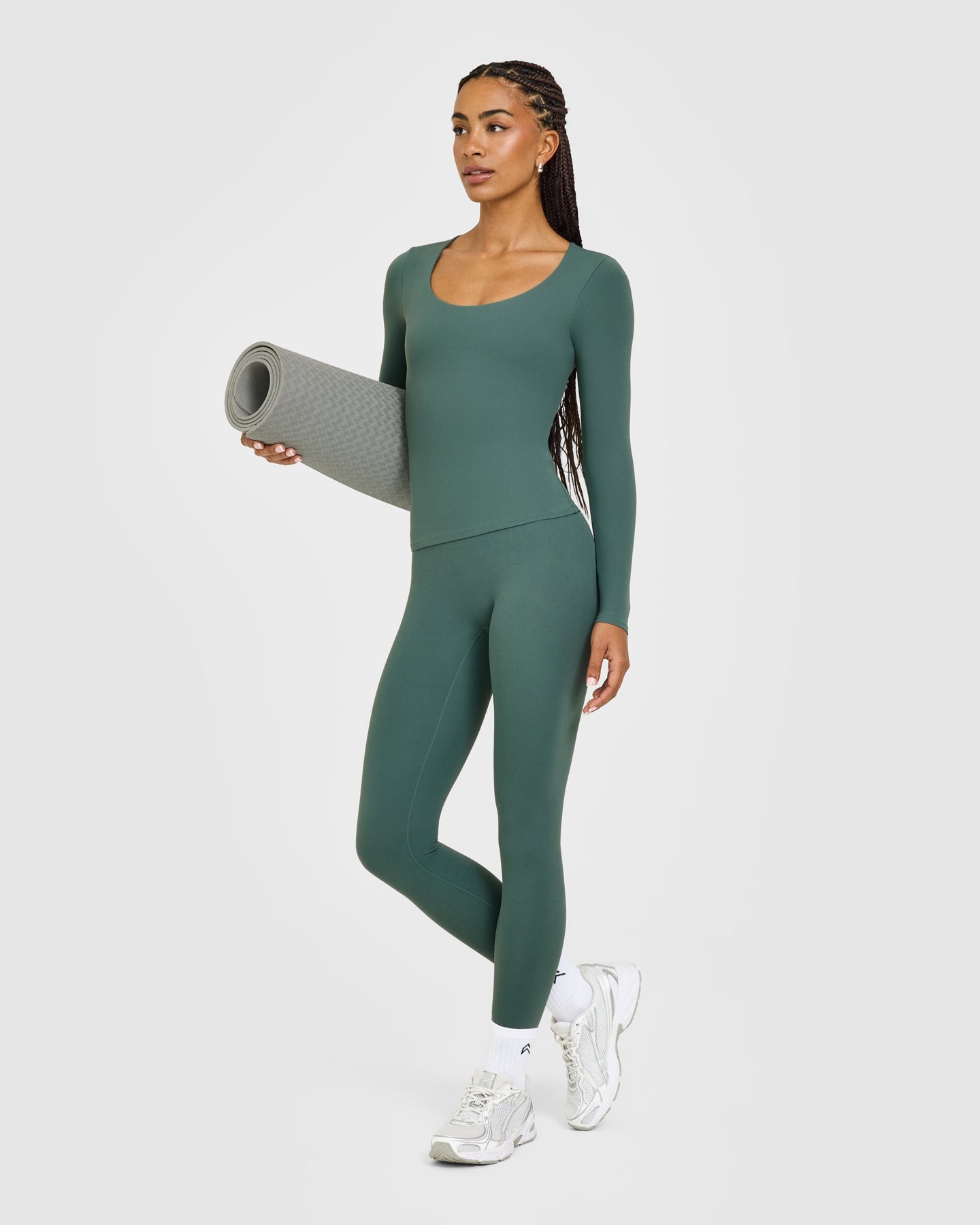 SoftMotion Scoop Neck Long Sleeve Top with Built in Bra Shelf with White Logo | Iced Green - Image 3