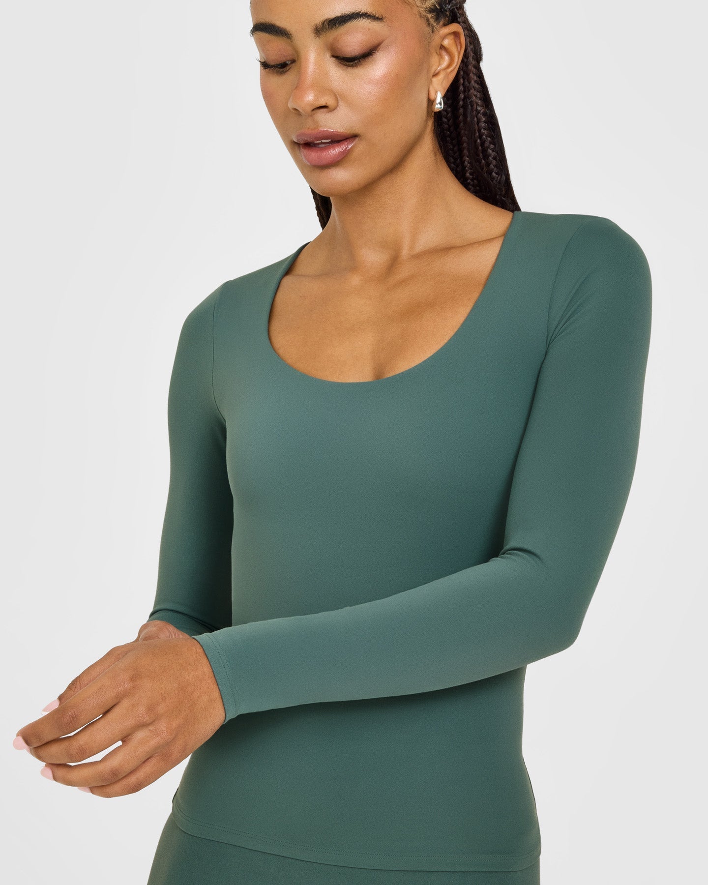 SoftMotion Scoop Neck Long Sleeve Top with Built in Bra Shelf with White Logo | Iced Green - Image 5