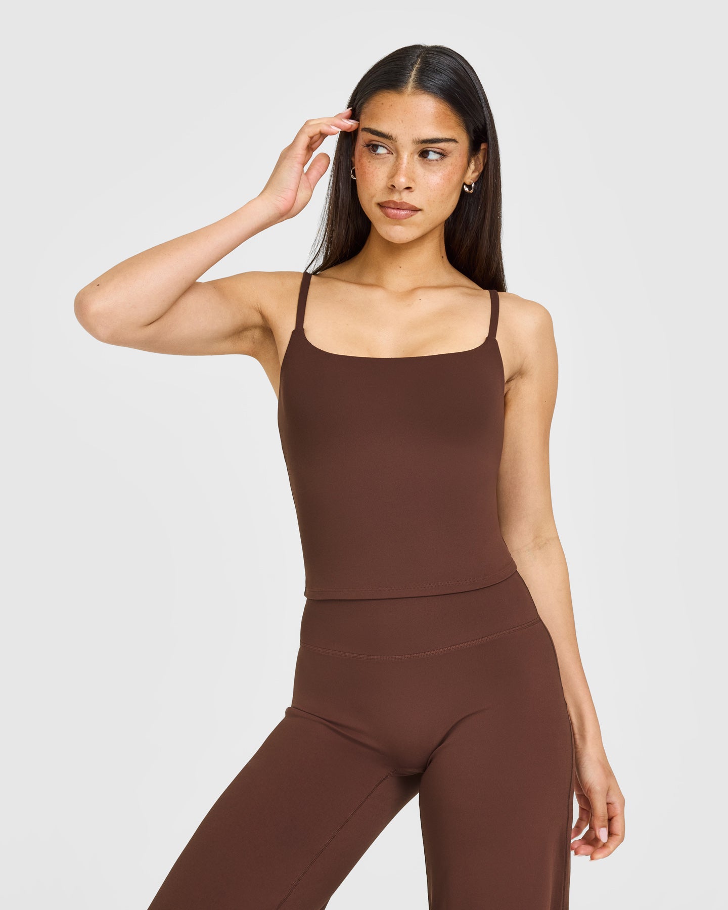 SoftMotion Strappy Mid Vest with Built in Bra Shelf with White Logo | Espresso Brown
