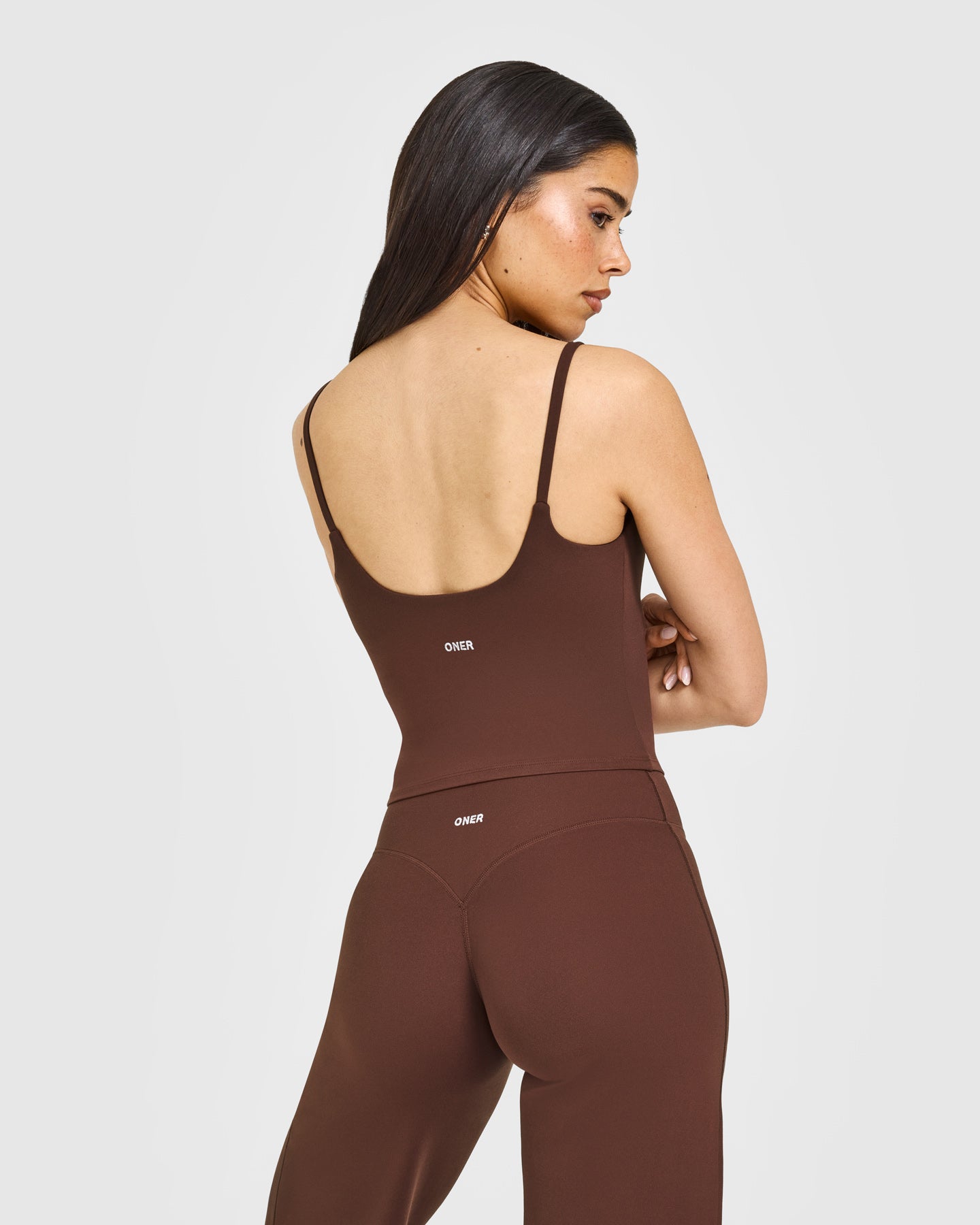SoftMotion Strappy Mid Vest with Built in Bra Shelf with White Logo | Espresso Brown - Image 6