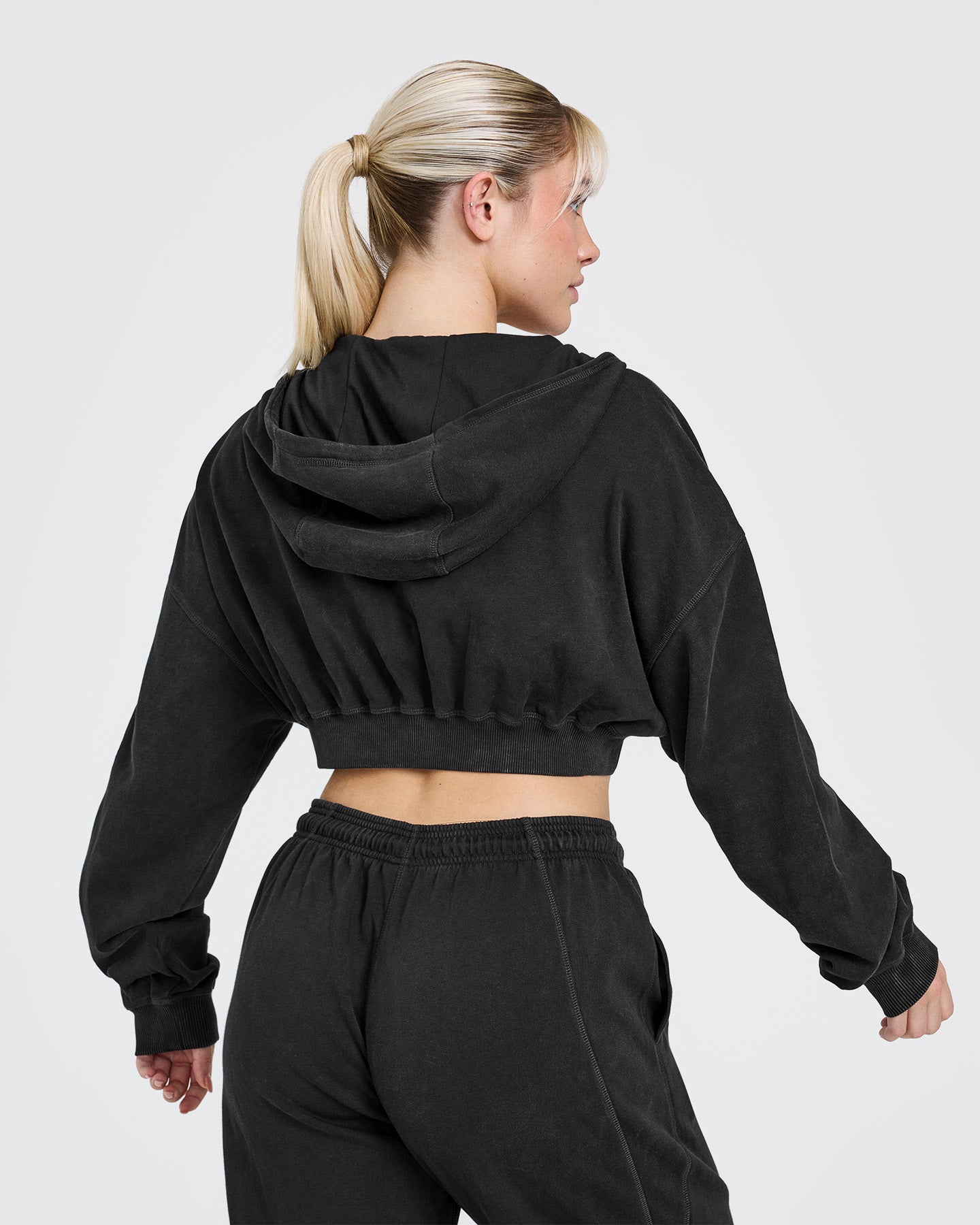 Alternative view of Raw Lounge Crop Zip Through Hoodie with Graphic | Washed Black