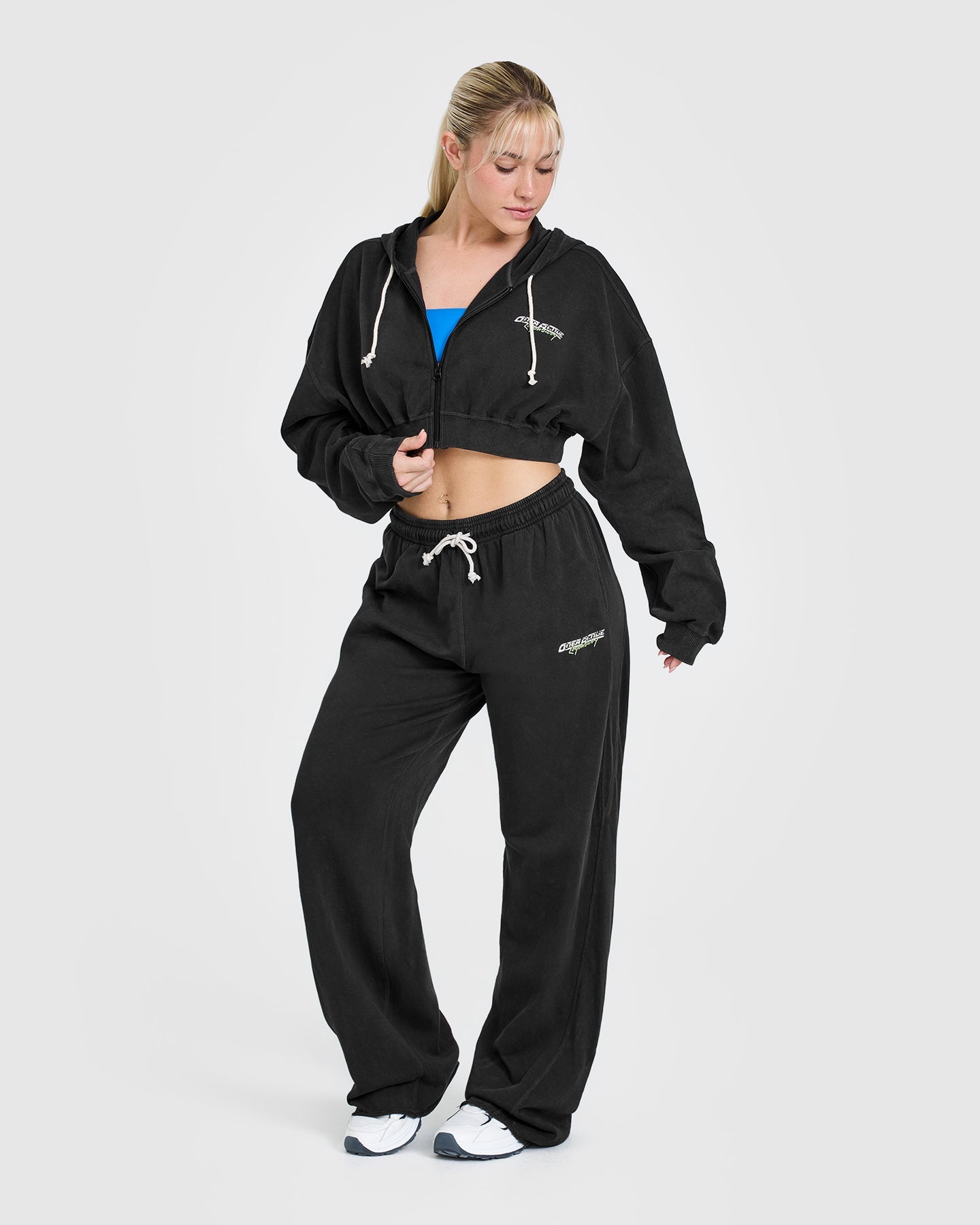 Raw Lounge Crop Zip Through Hoodie with Graphic | Washed Black - Image 3