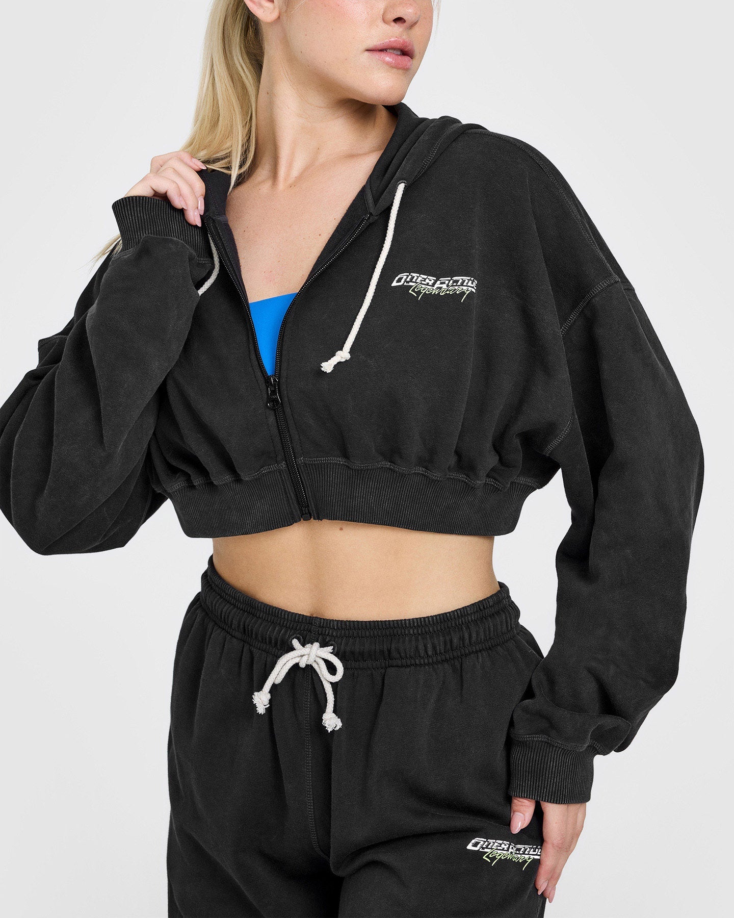 Raw Lounge Crop Zip Through Hoodie with Graphic | Washed Black - Image 4