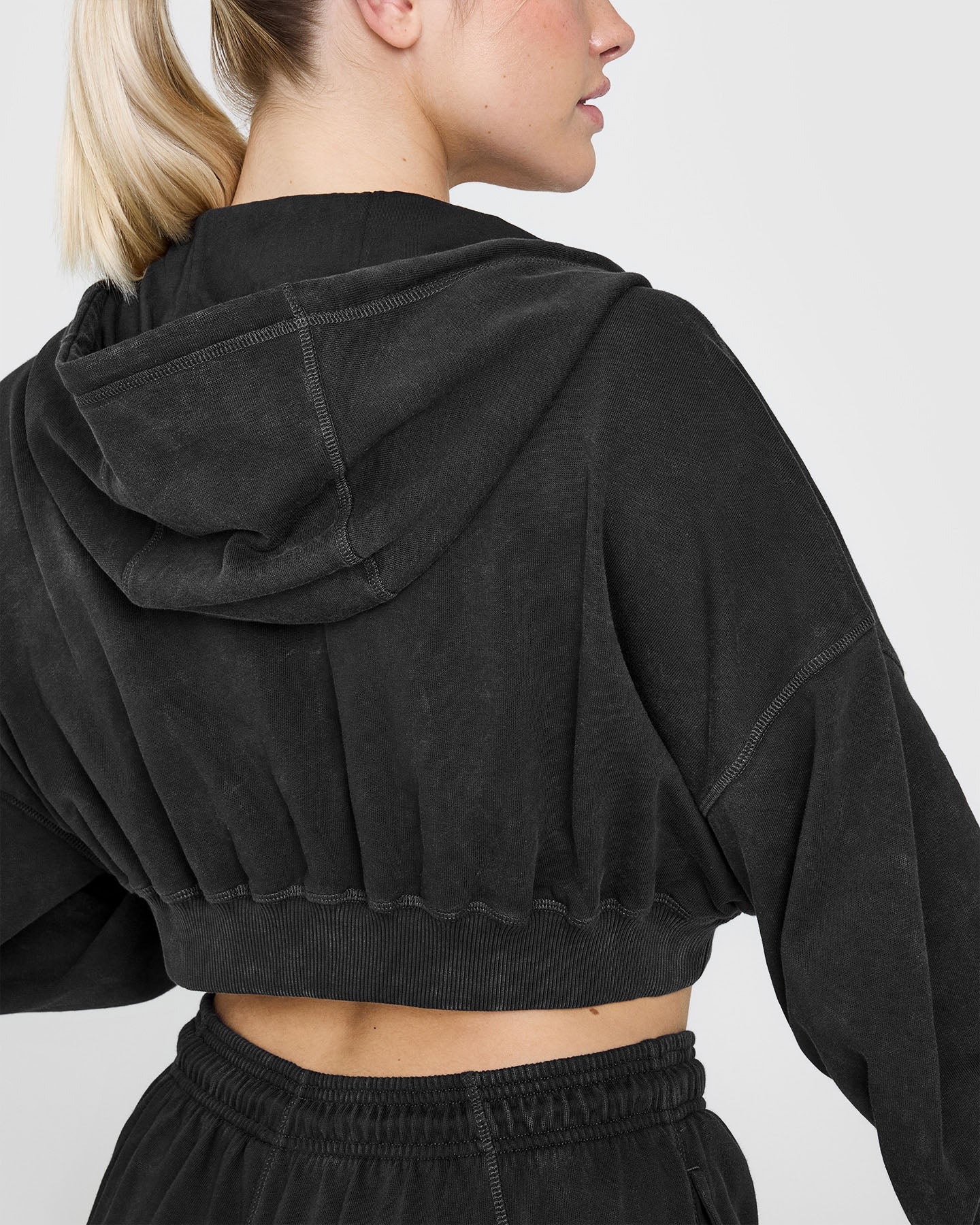 Raw Lounge Crop Zip Through Hoodie with Graphic | Washed Black - Image 5