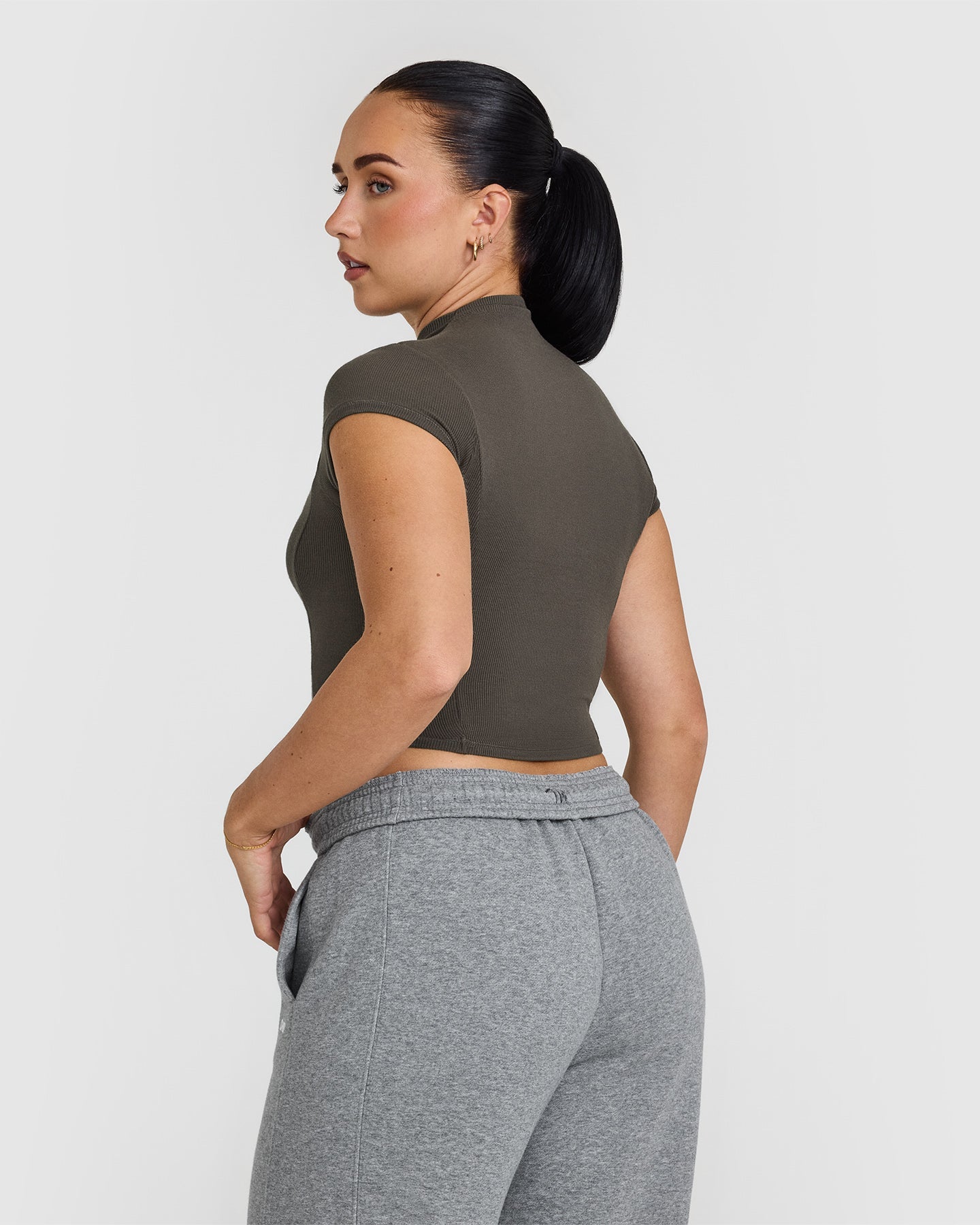 Alternative view of Mellow Rib Mid Mock Neck T-Shirt | Deep Taupe