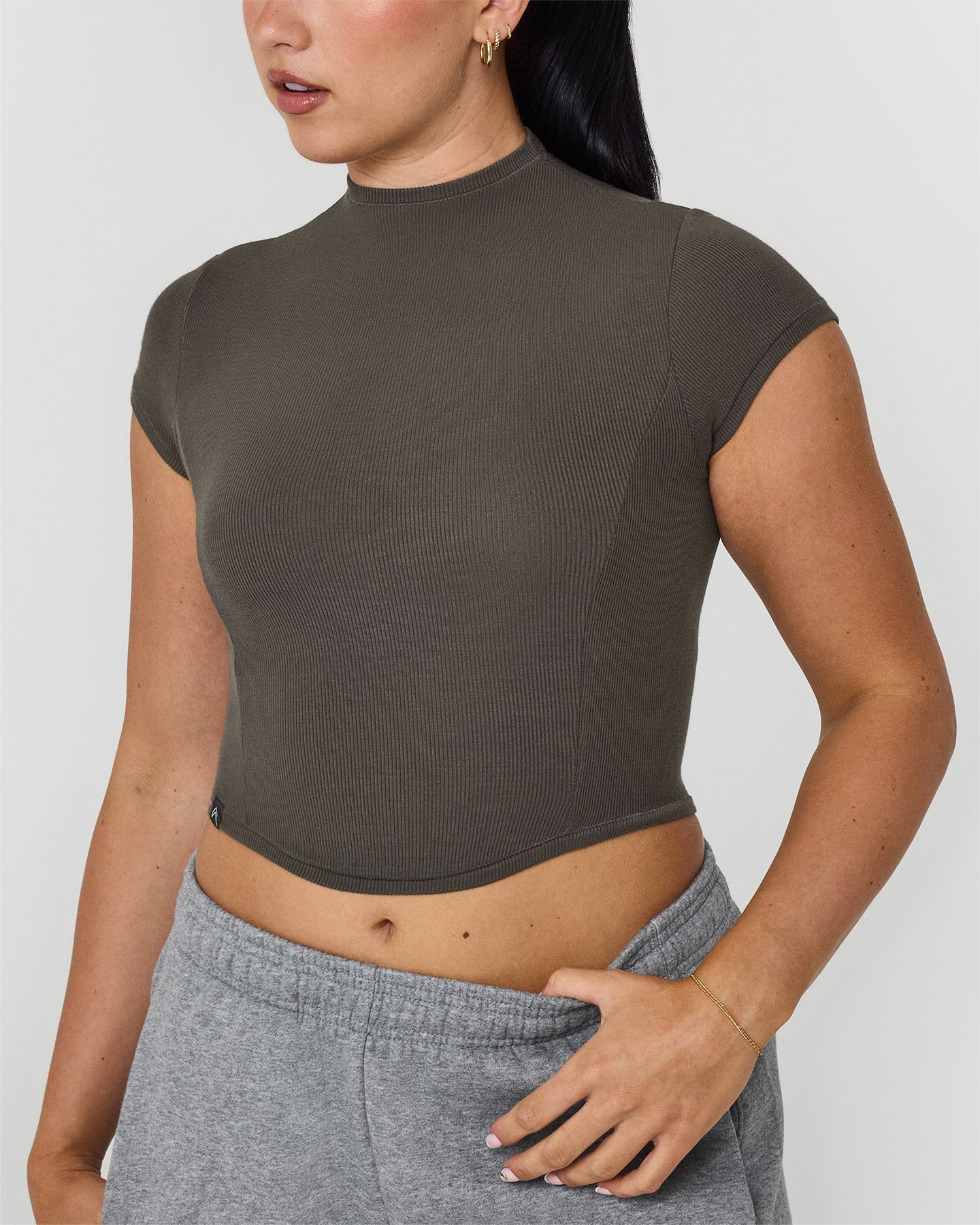 Mellow Rib Mid Mock Neck T-Shirt | Deep Taupe - Image 4