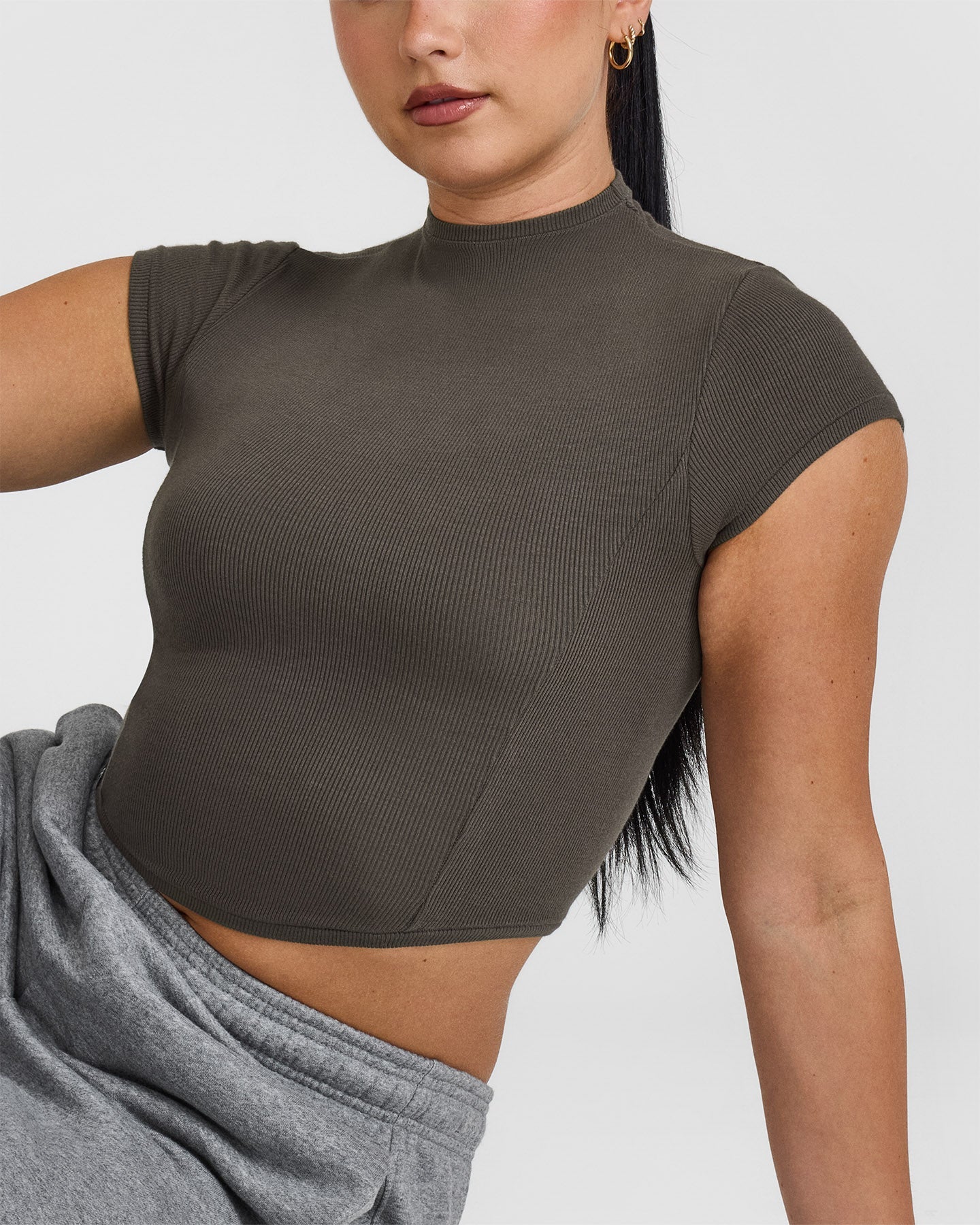 Mellow Rib Mid Mock Neck T-Shirt | Deep Taupe - Image 6
