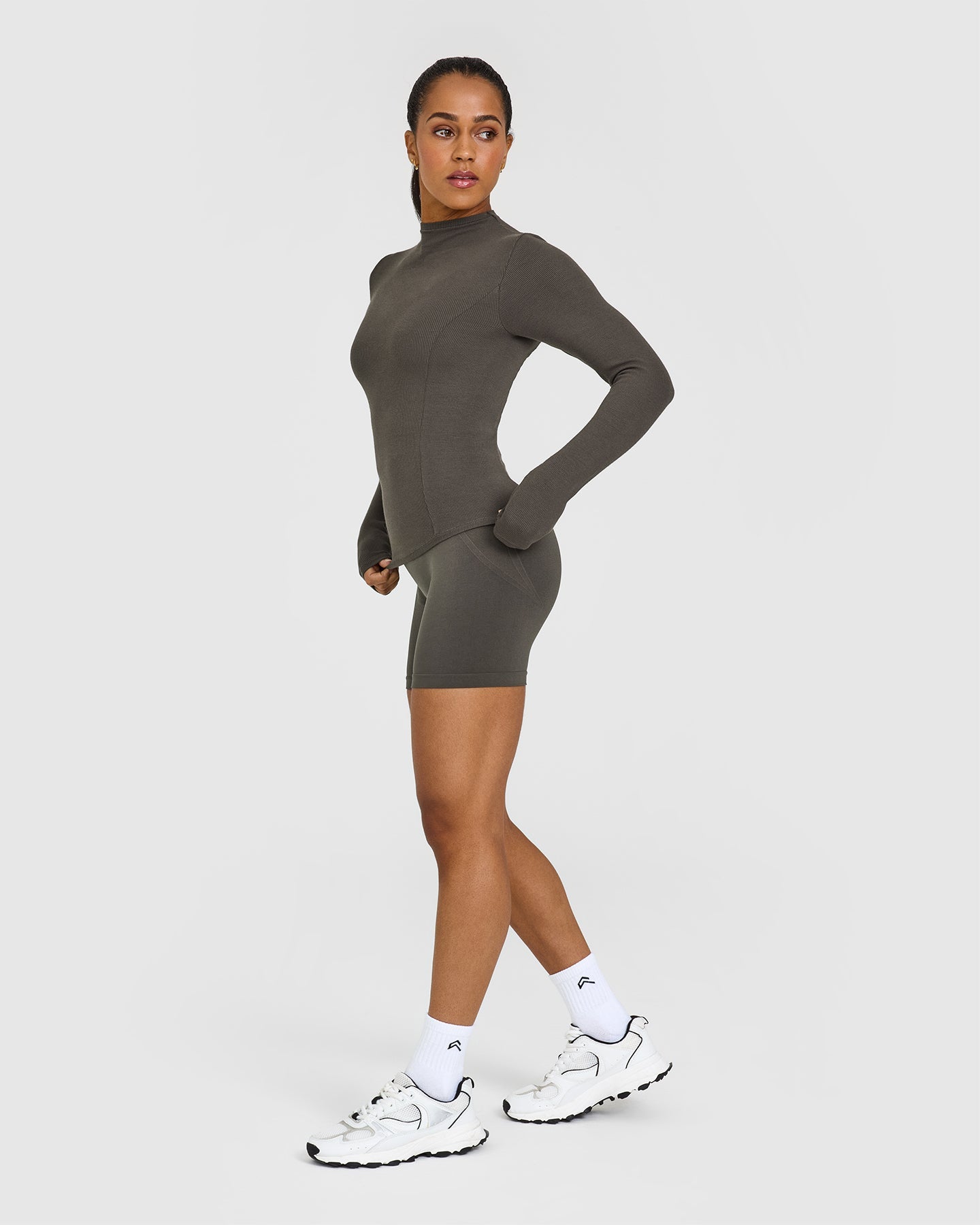 Mellow Rib Mock Neck Long Sleeve Top | Deep Taupe - Image 3