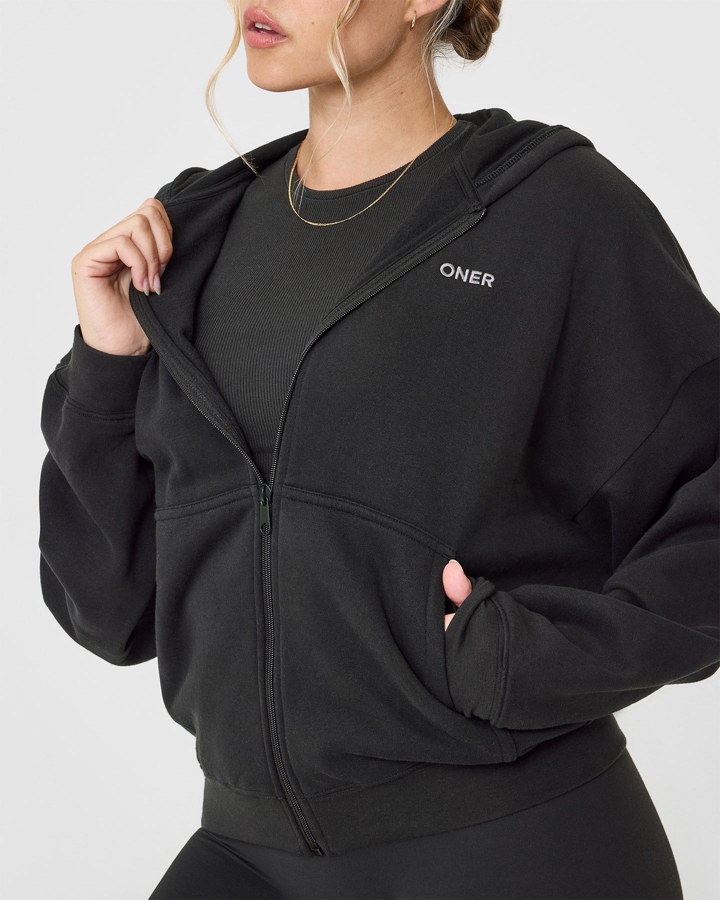 Mid Weight Zip Through Hoodie | Soft Black - Image 4