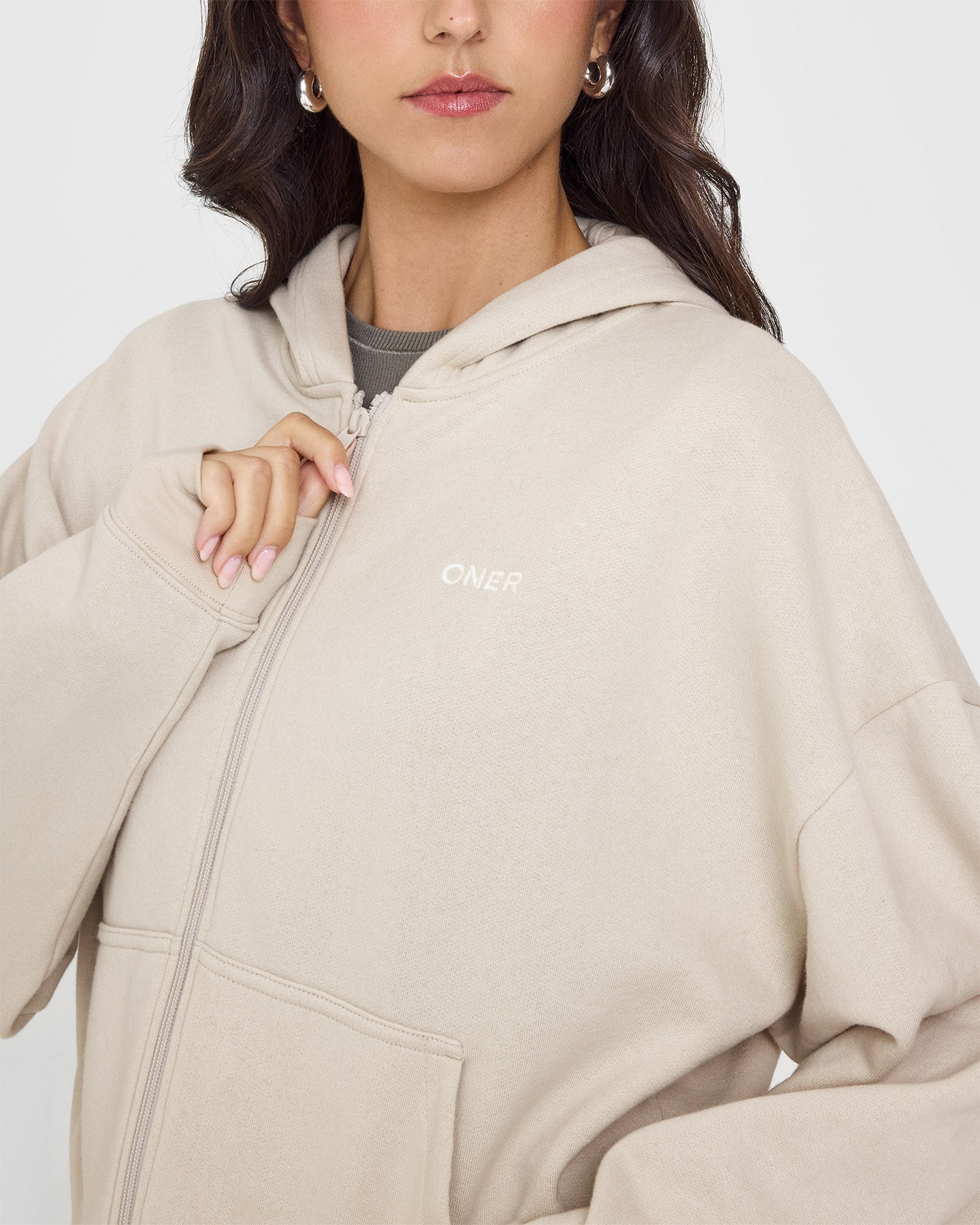 Mid Weight Zip Through Hoodie | Sand - Image 4