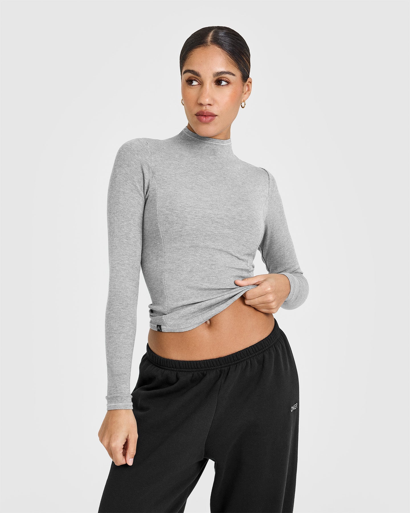 Mellow Rib Mock Neck Long Sleeve Top | Charcoal Marl