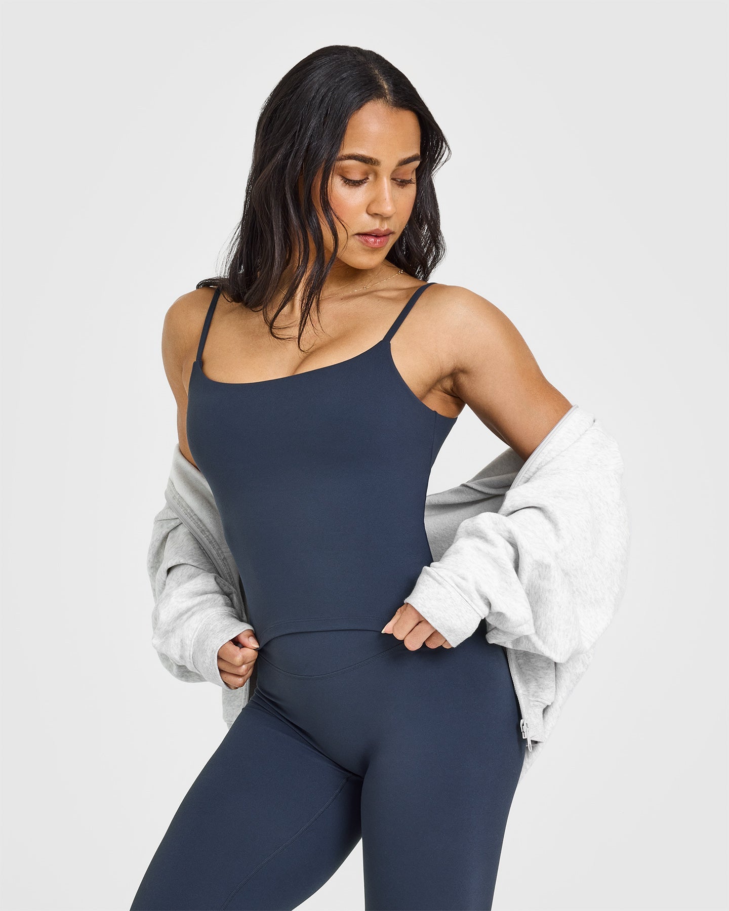 SoftMotion Strappy Mid Vest with Built in Bra Shelf with White Logo | True Blue