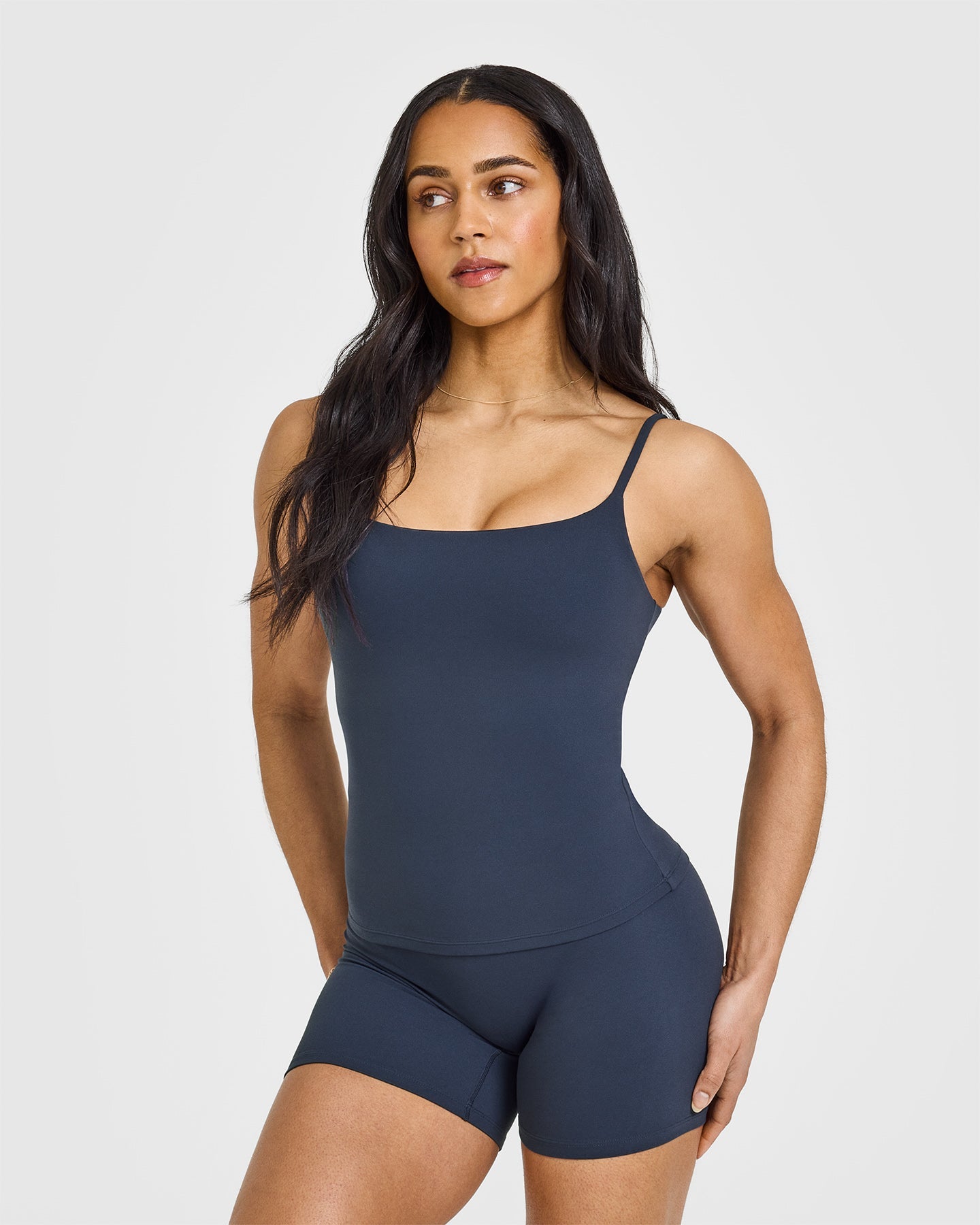 SoftMotion Strappy Vest with Built in Bra Shelf with White Logo | True Blue