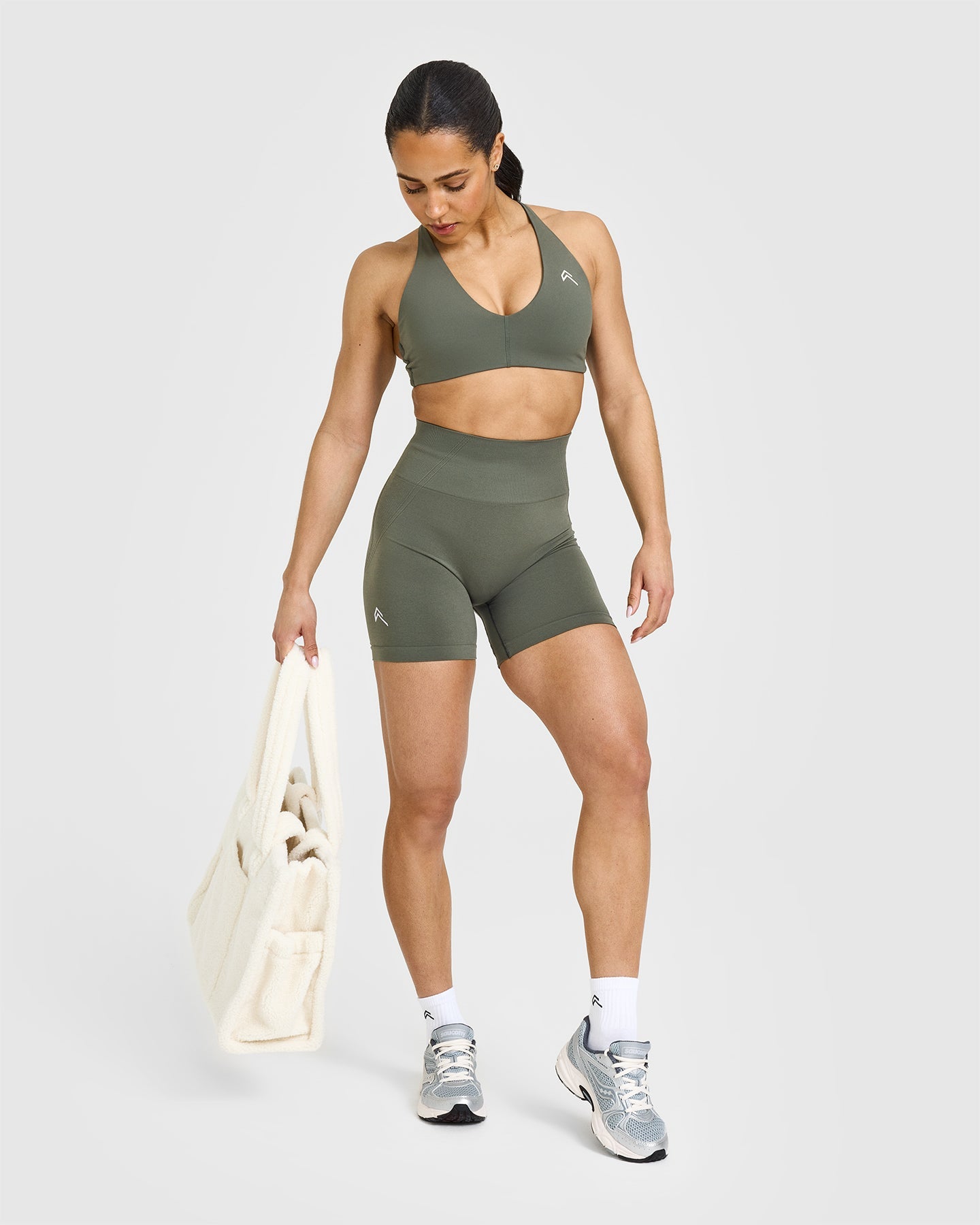 EffortlessLift Seamless Shorts with White Logo | Dark Khaki - Image 3