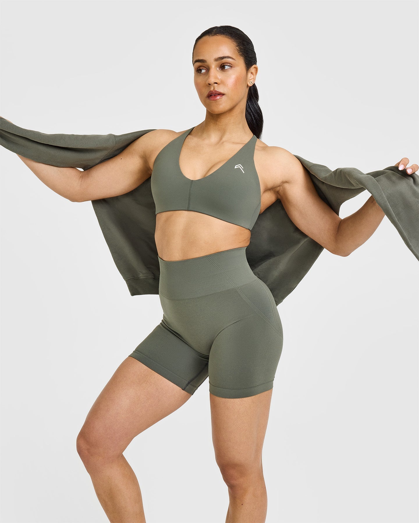 EffortlessLift Seamless Shorts with White Logo | Dark Khaki - Image 6