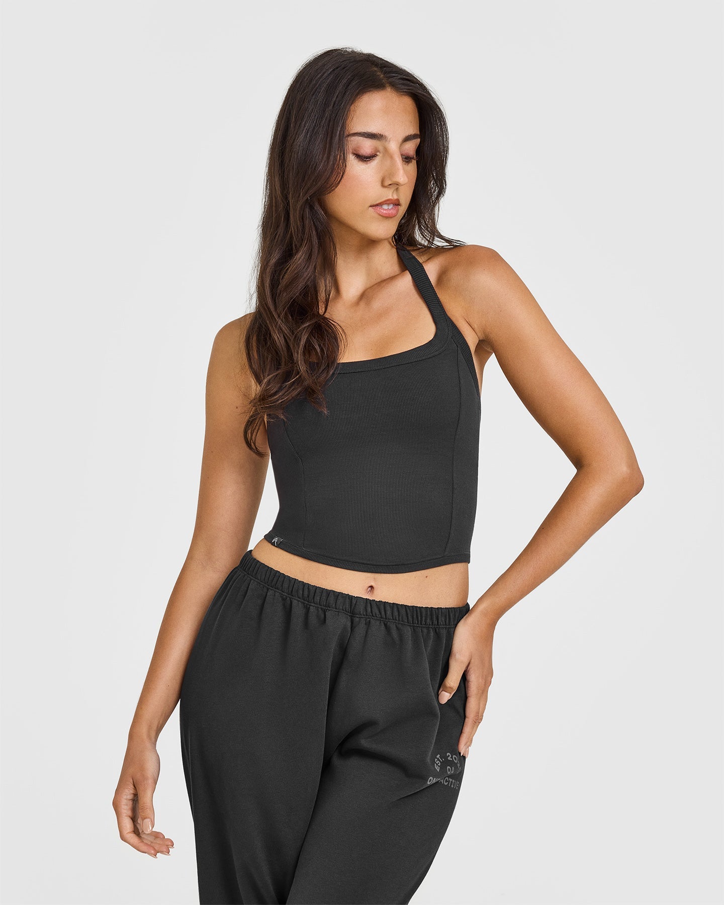 Mellow Rib Halter Neck Mid Vest with Built in Bra Shelf | Soft Black