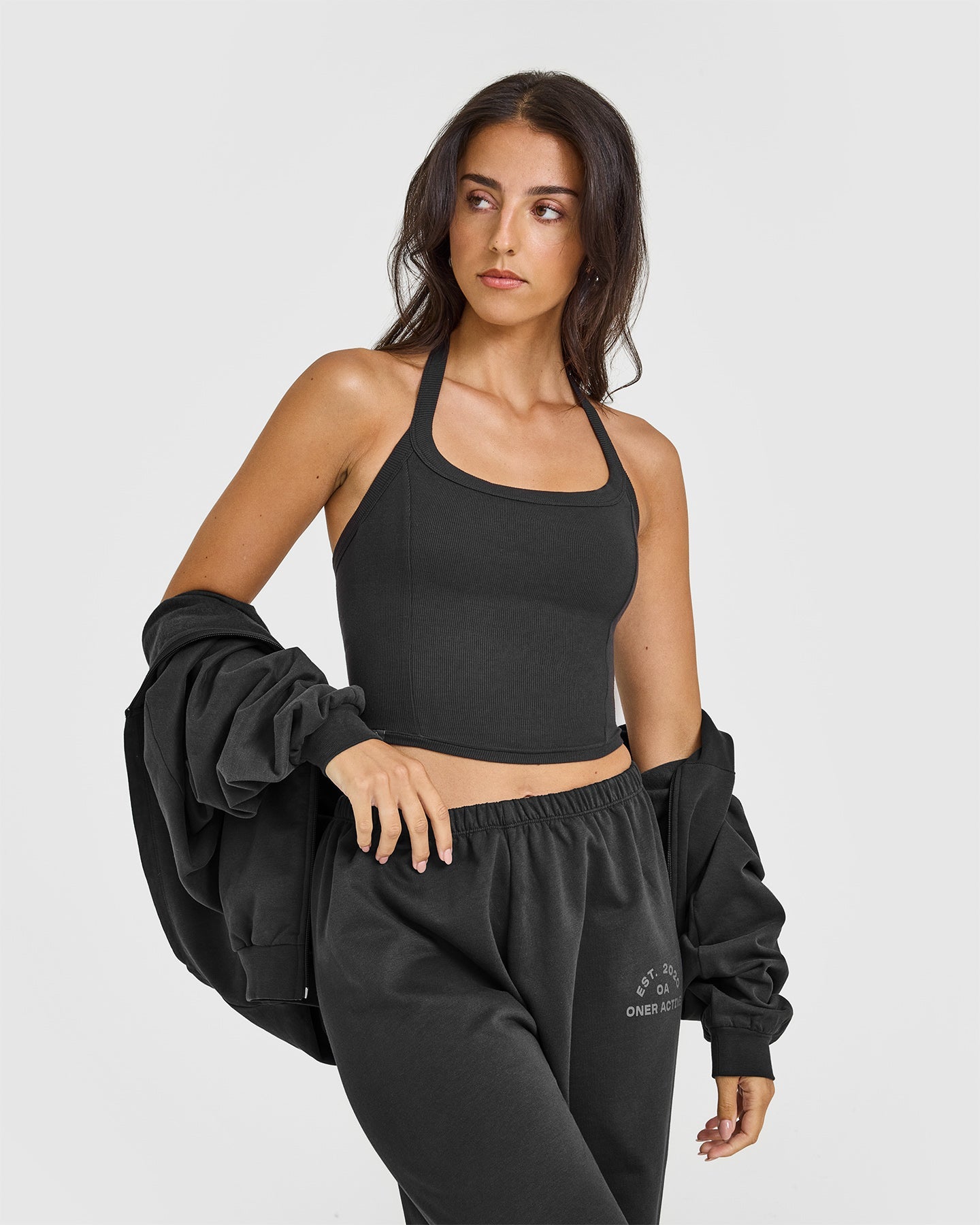Mellow Rib Halter Neck Mid Vest with Built in Bra Shelf | Soft Black - Image 6